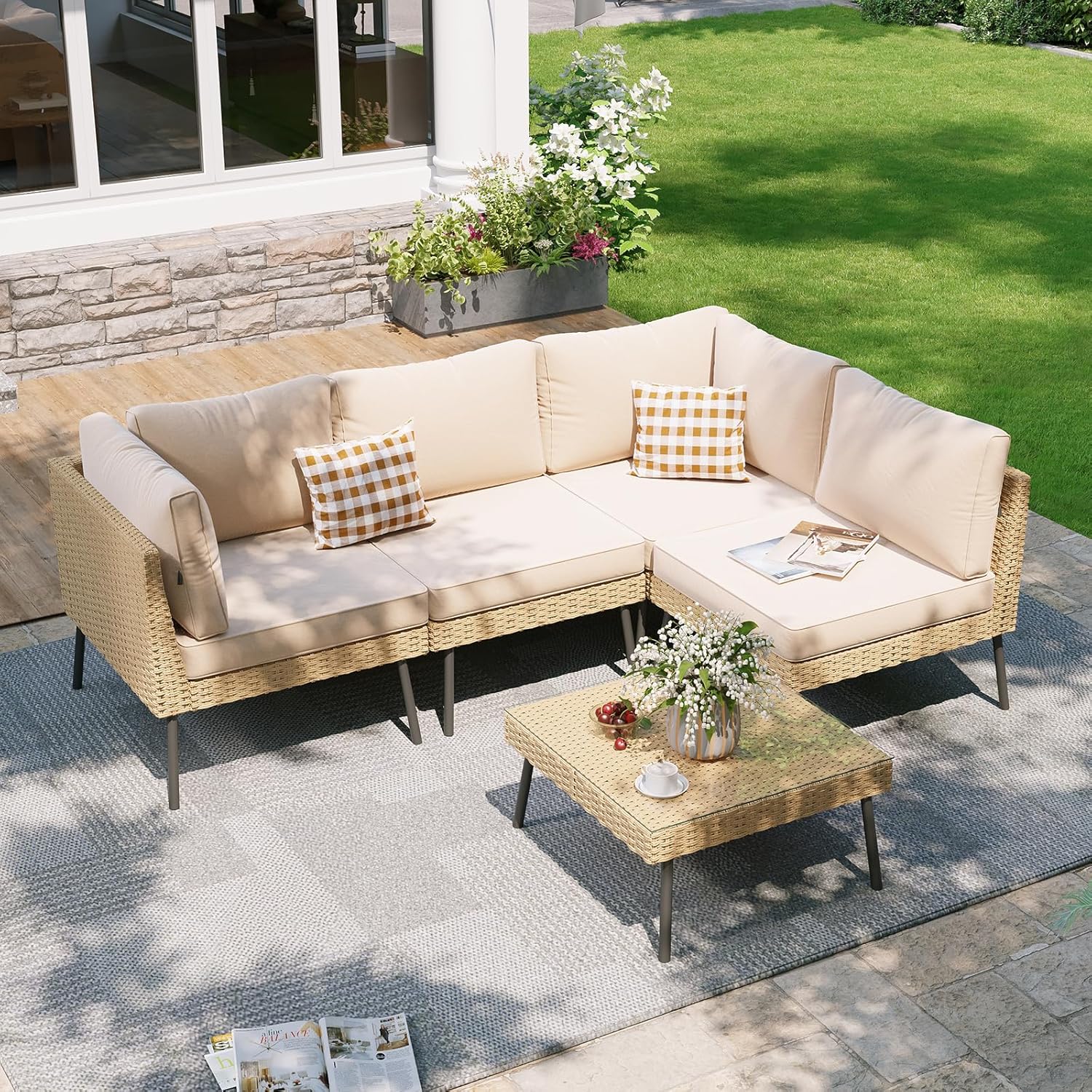 Aoxun 7-Piece Patio Furniture Set, Wicker Outdoor Furniture with Water Resistant Thick Cushions, Patio Conversation Set Outdoor Sectional Sofa with Coffee Table for Backyard Poolside