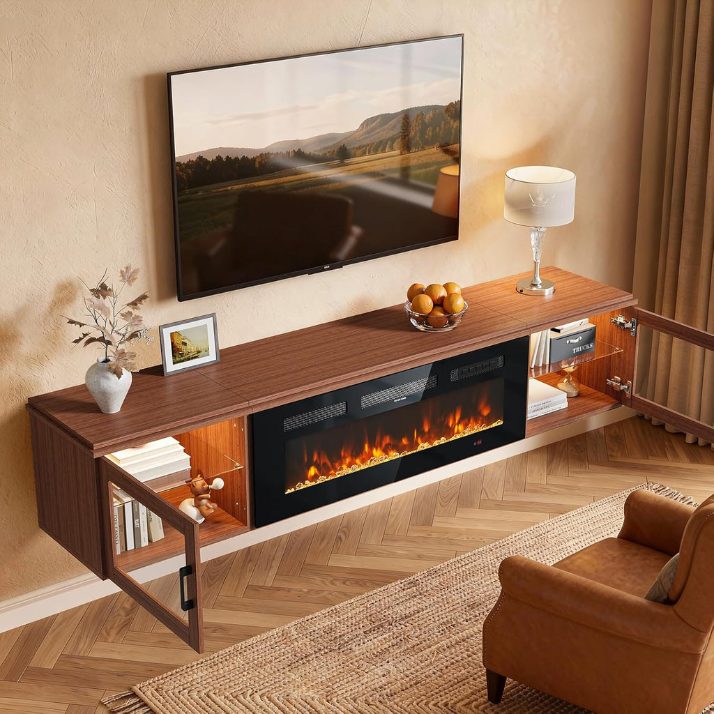 Nordivale 70" Floating TV Stand with 36" Electric Fireplace, Wall Mounted Fireplace Entertainment Center with Storage for TVs Up to 80",Fireplace TV Stand for Living Room，Brown&Black