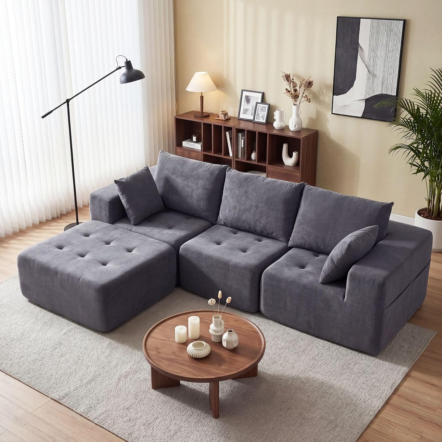 Modular Sectional Boneless Couch, Chenille Tufted Sectional Couches for Living Room, No Assembly L Shape Cloud Sofa with Ottoman & Throw Pillows & Storage Side Pocket