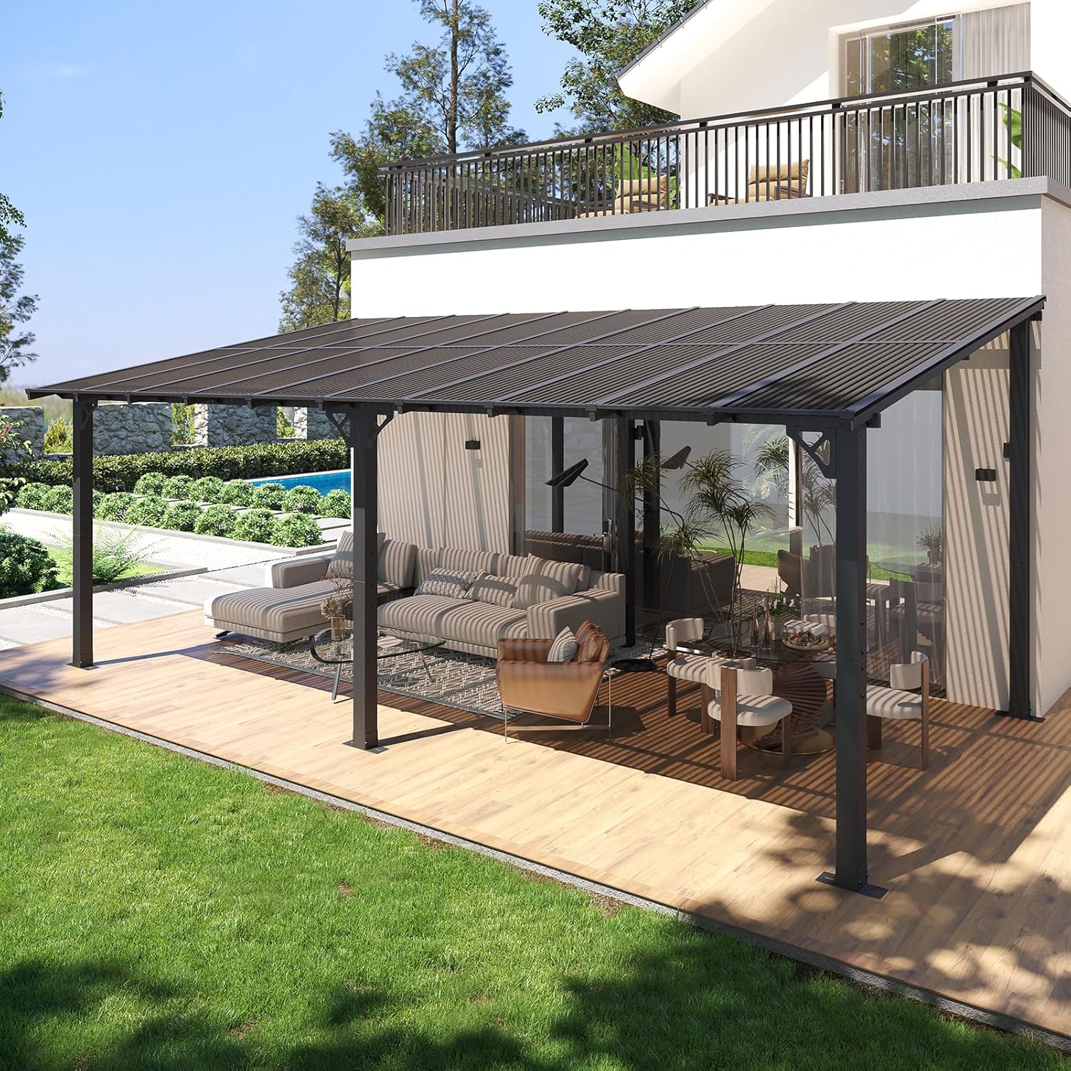 Breezestival 10' x 20' Lean to Gazebo with Polycarbonate Panel Wall Mounted Gazebo with Aluminum Top Frame Awing for Patio, Deck, Garden