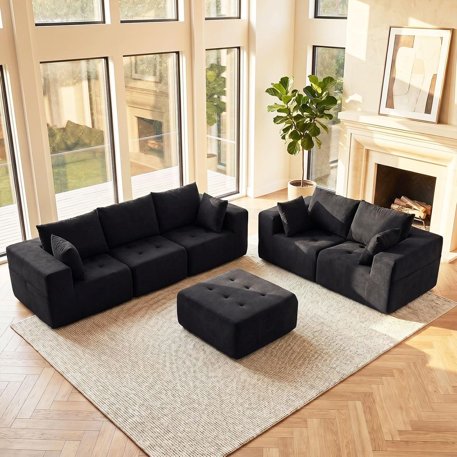 Modular Sectional Boneless Couch, Chenille Tufted Sectional Couches for Living Room, No Assembly L Shape Cloud Sofa with Ottoman & Throw Pillows & Storage Side Pocket