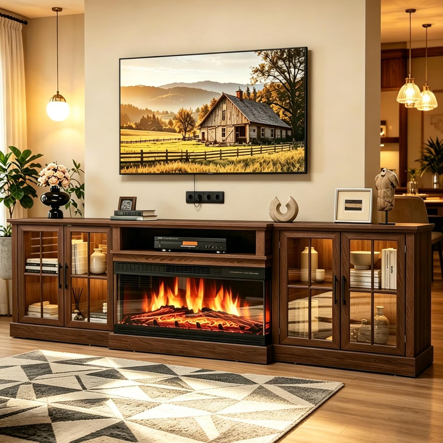 Nordivale 98" Farmhouse Fireplace TV Stand,TV Console with 36" Fireplace for TVs up to 100", Entertainment Center with Adjustable Shelves and Large Storage Cabinets for Living Room, Brown & Black