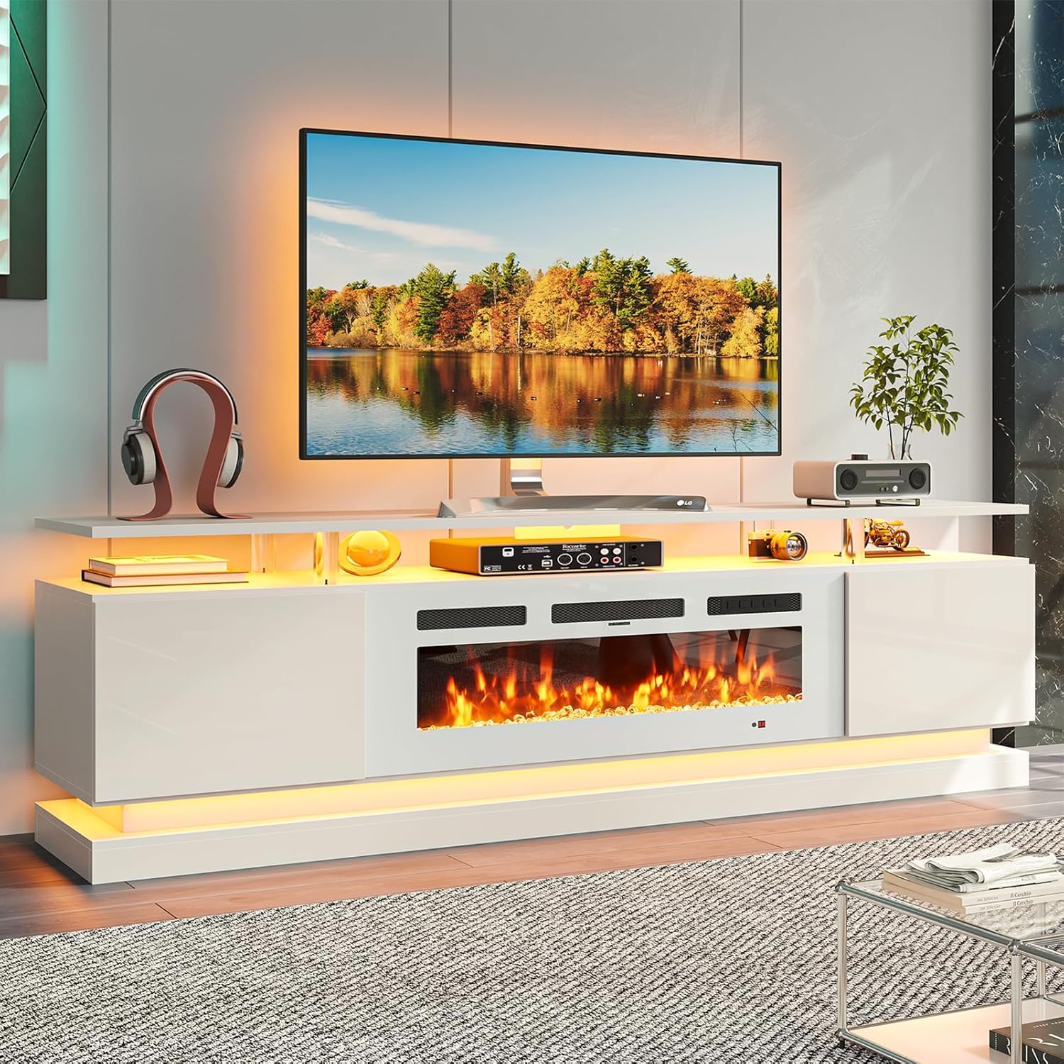 Breezestival 70" Fireplace TV Stand for TVs up to 80", Modern Entertainment Center with Black Fireplace and Storage, White