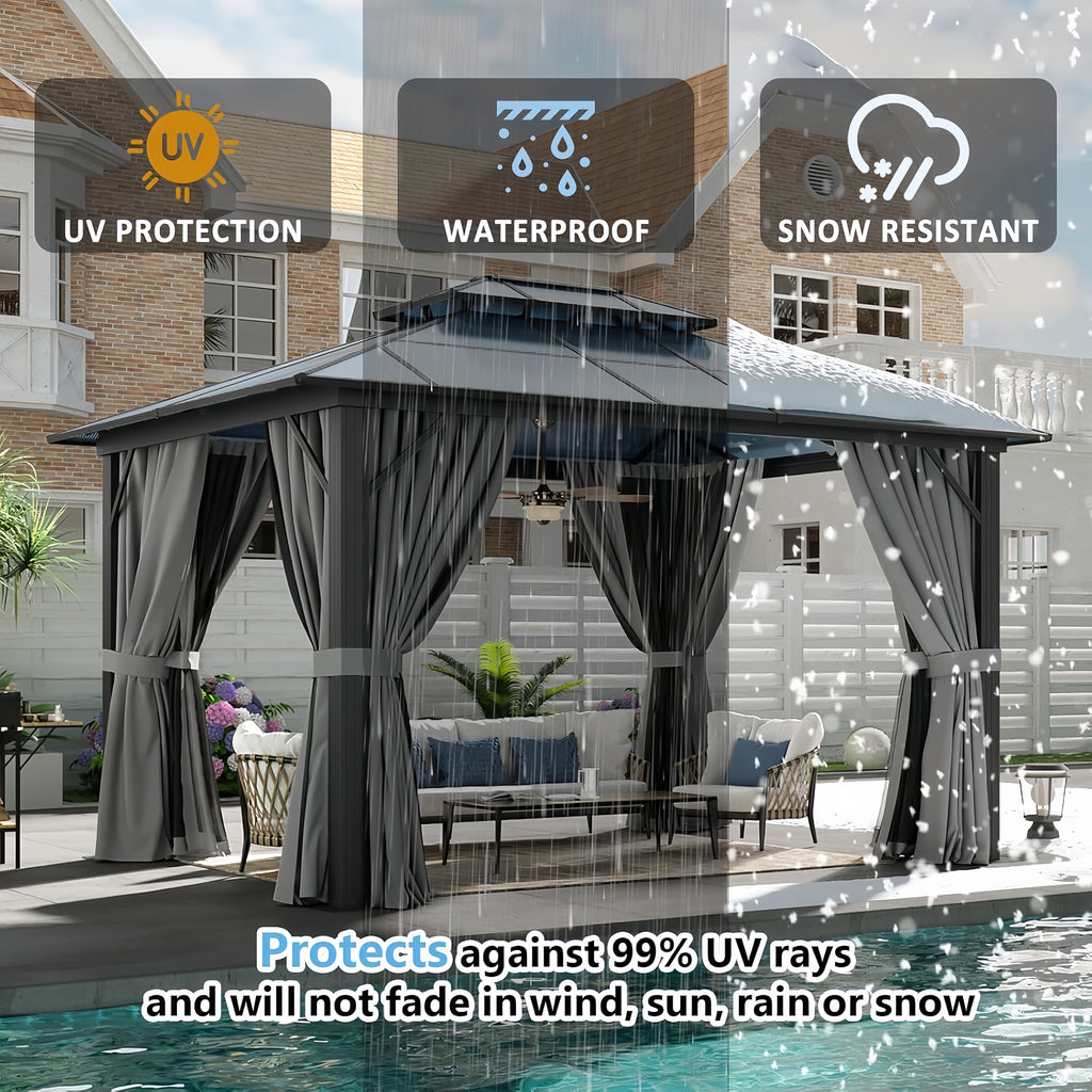 Breezestival 10'x12' Hardtop Gazebo Outdoor Permanent Gazebo with Double Polycarbonate Roof Canopy, Aluminum Frame Permanent Pavilion with Curtains and Netting for Patio,Garden,Lawns
