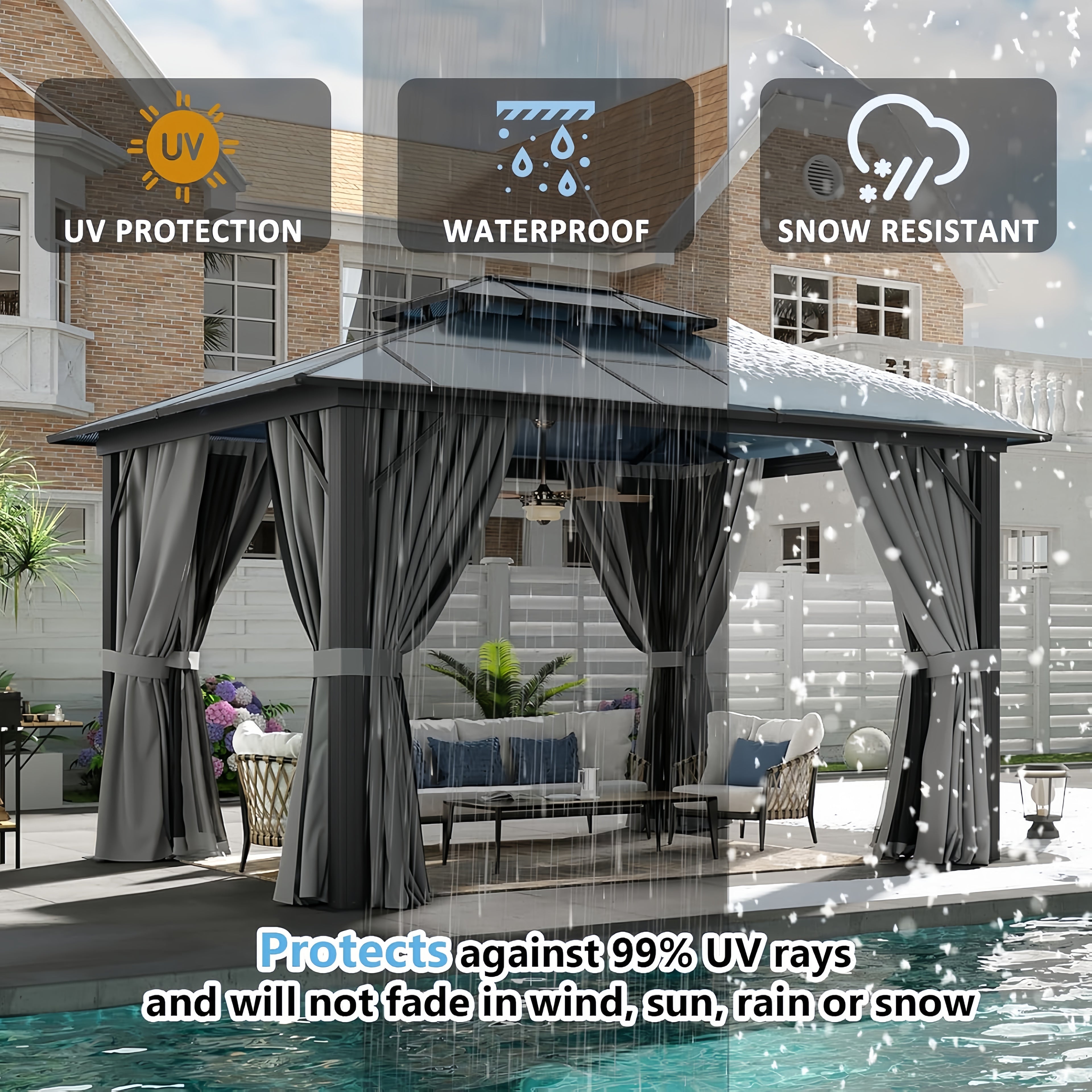 Breezestival 10'x12' Hardtop Gazebo Outdoor Permanent Gazebo with Double Polycarbonate Roof Canopy, Aluminum Frame Permanent Pavilion with Curtains and Netting for Patio,Garden,Lawns