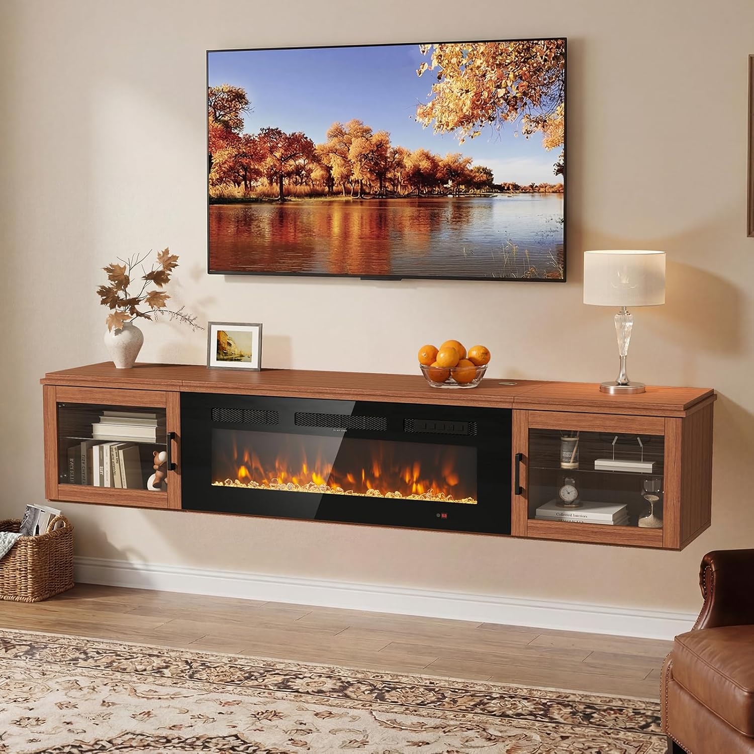 Nordivale 70" Floating TV Stand with 36" Electric Fireplace, Wall Mounted Fireplace Entertainment Center with Storage for TVs Up to 80",WI-FI Enable Fireplace TV Stand for Living Room,Brown&Black