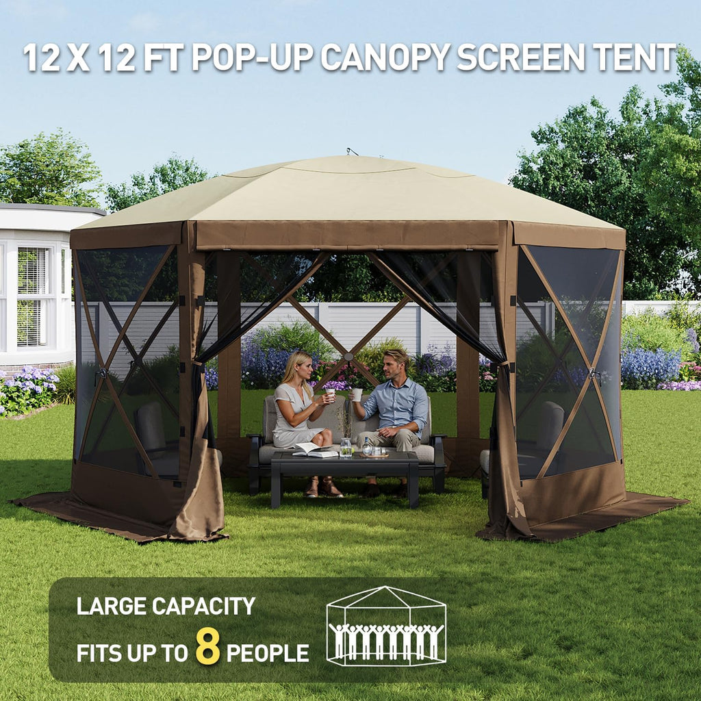 Aoxun 12x12FT Pop Up Canopy Tent, 6-Sided Pop-up Gazebo Screen Tent with Mesh Windows, Outdoor Canopy Shelter Tent with Carrying Bag, Large Shade Tents for Camping, Backyard, Patio, Lawn, Brown