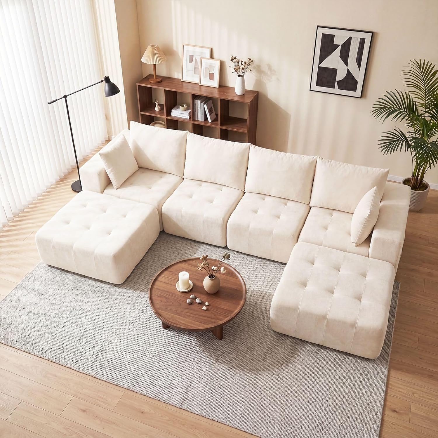 Modular Sectional Boneless Couch, Chenille Tufted Sectional Couches for Living Room, No Assembly L Shape Cloud Sofa with Ottoman & Throw Pillows & Storage Side Pocket