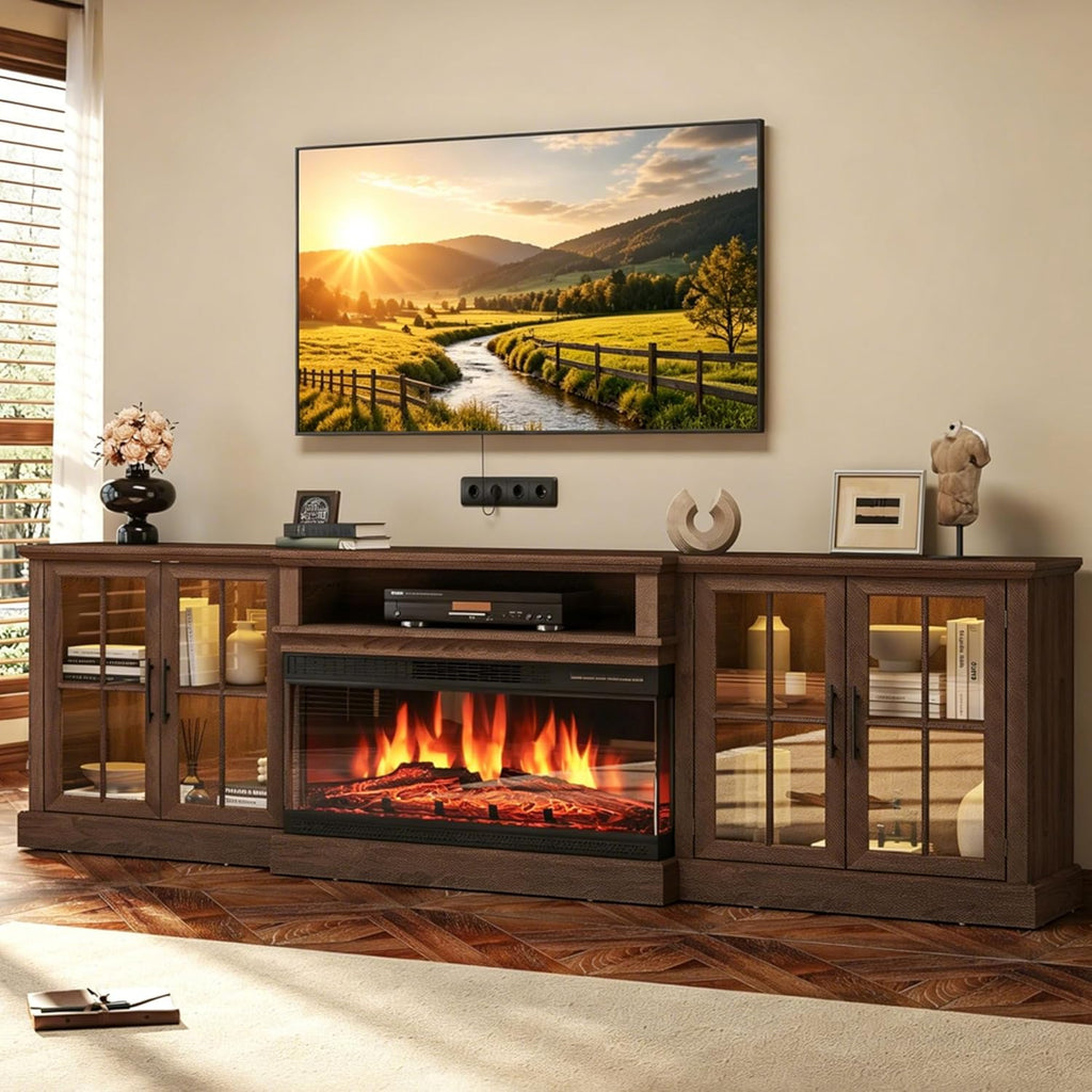 Nordivale 98 Inch Farmhouse TV Stand with 36" Fireplace for TVs up to 100", Media Entertainment Center with Adjustable Shelves and Large Storage Cabinets,Fireplace TV Stand for Living Room, Brown