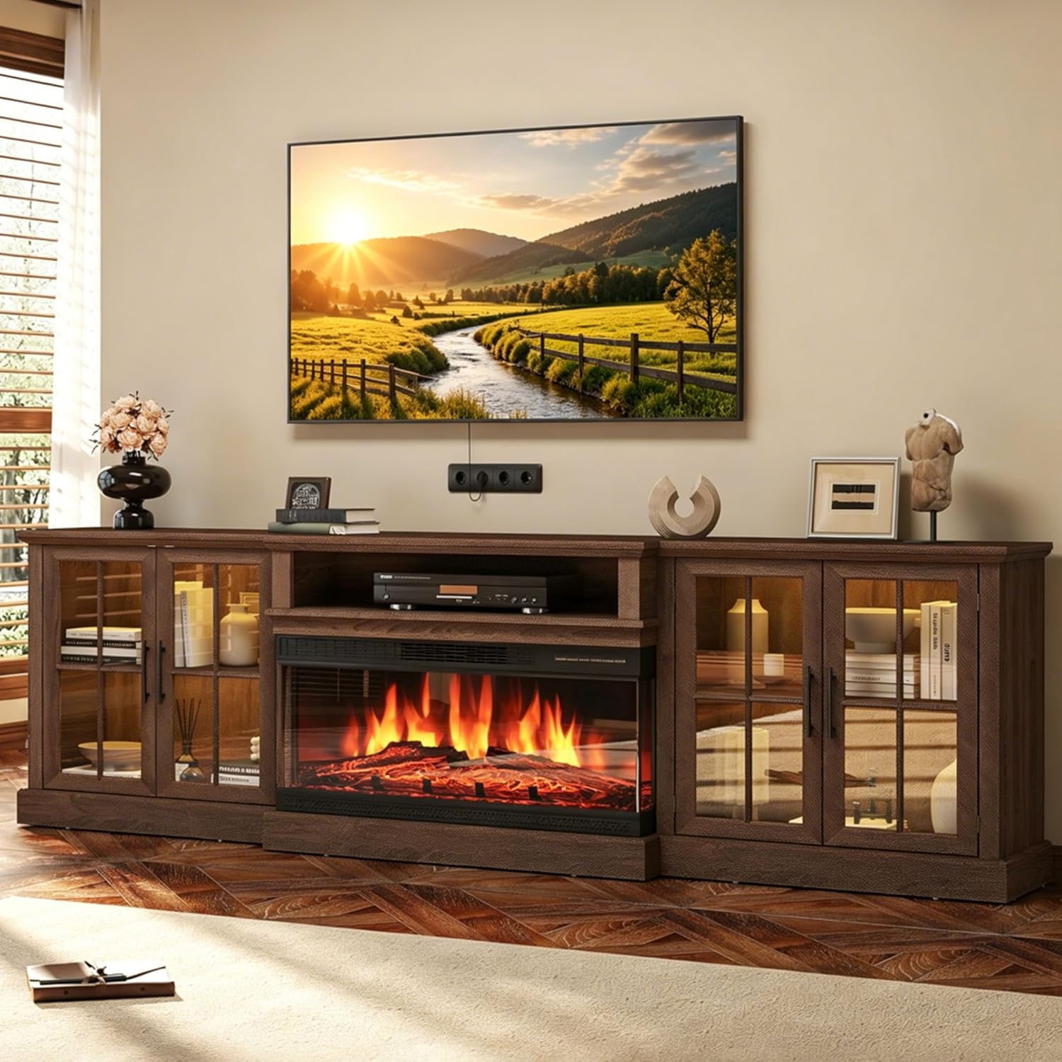 Nordivale 98 Inch Farmhouse TV Stand with 36" Fireplace for TVs up to 100", Media Entertainment Center with Adjustable Shelves and Large Storage Cabinets,Fireplace TV Stand for Living Room, Brown