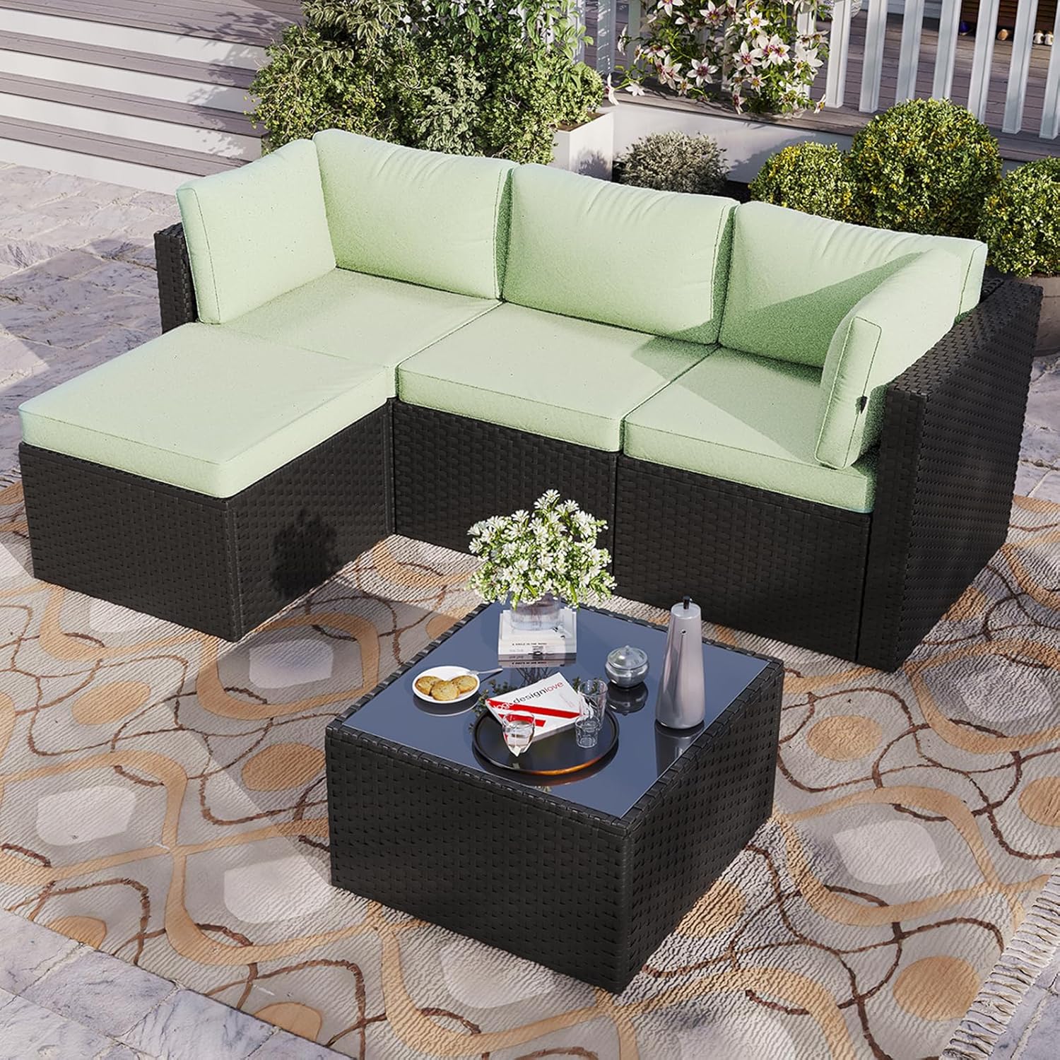 Aoxun Outdoor Patio Furniture Set, 5-Pieces All-Weather Rattan Sectional Sofa Conversation Set with Glass Coffee Table for Backyard Porch Poolside