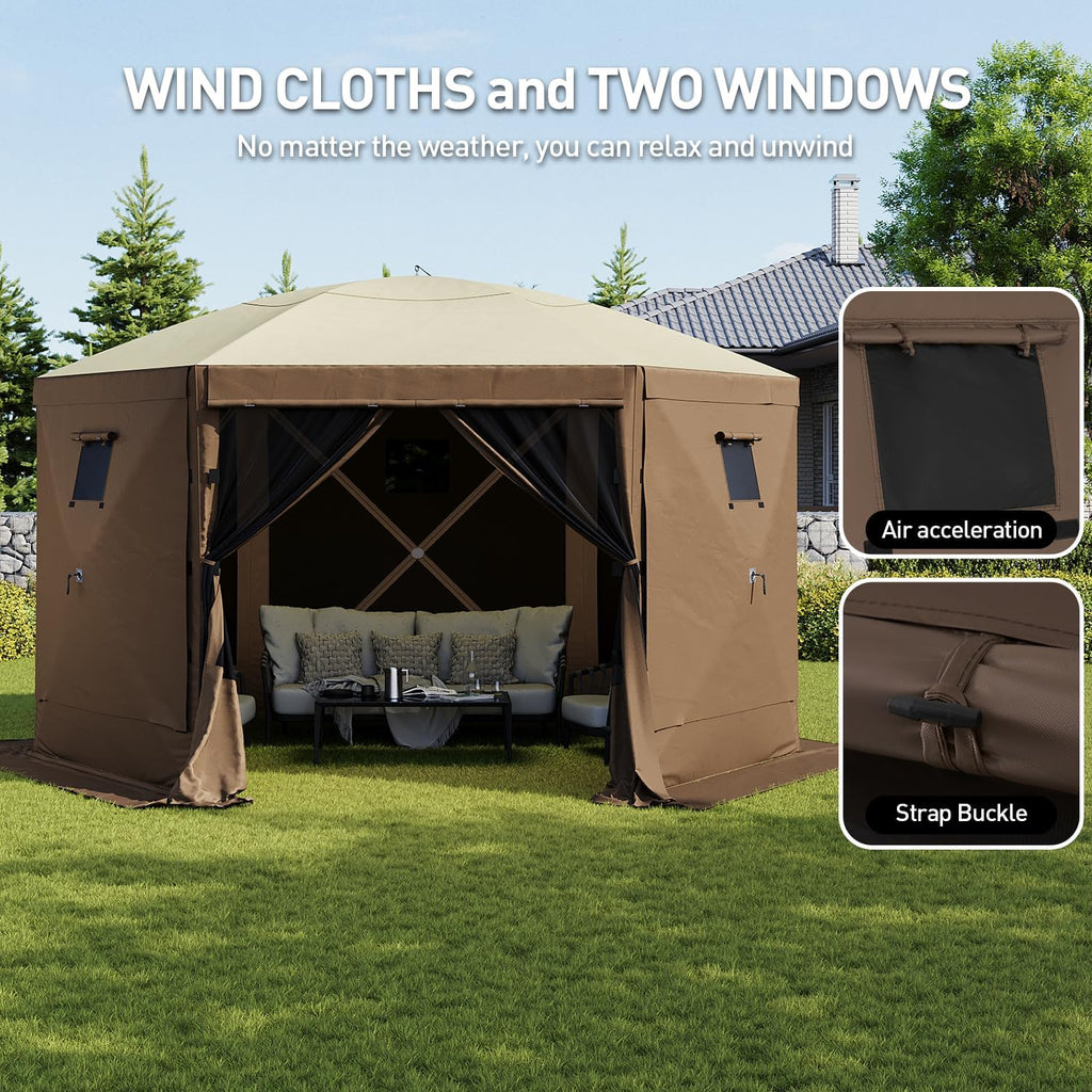 Aoxun 12x12FT Pop Up Canopy Tent, 6-Sided Pop-up Gazebo Screen Tent with Mesh Windows, Outdoor Canopy Shelter Tent with Carrying Bag, Large Shade Tents for Camping, Backyard, Patio, Lawn, Brown