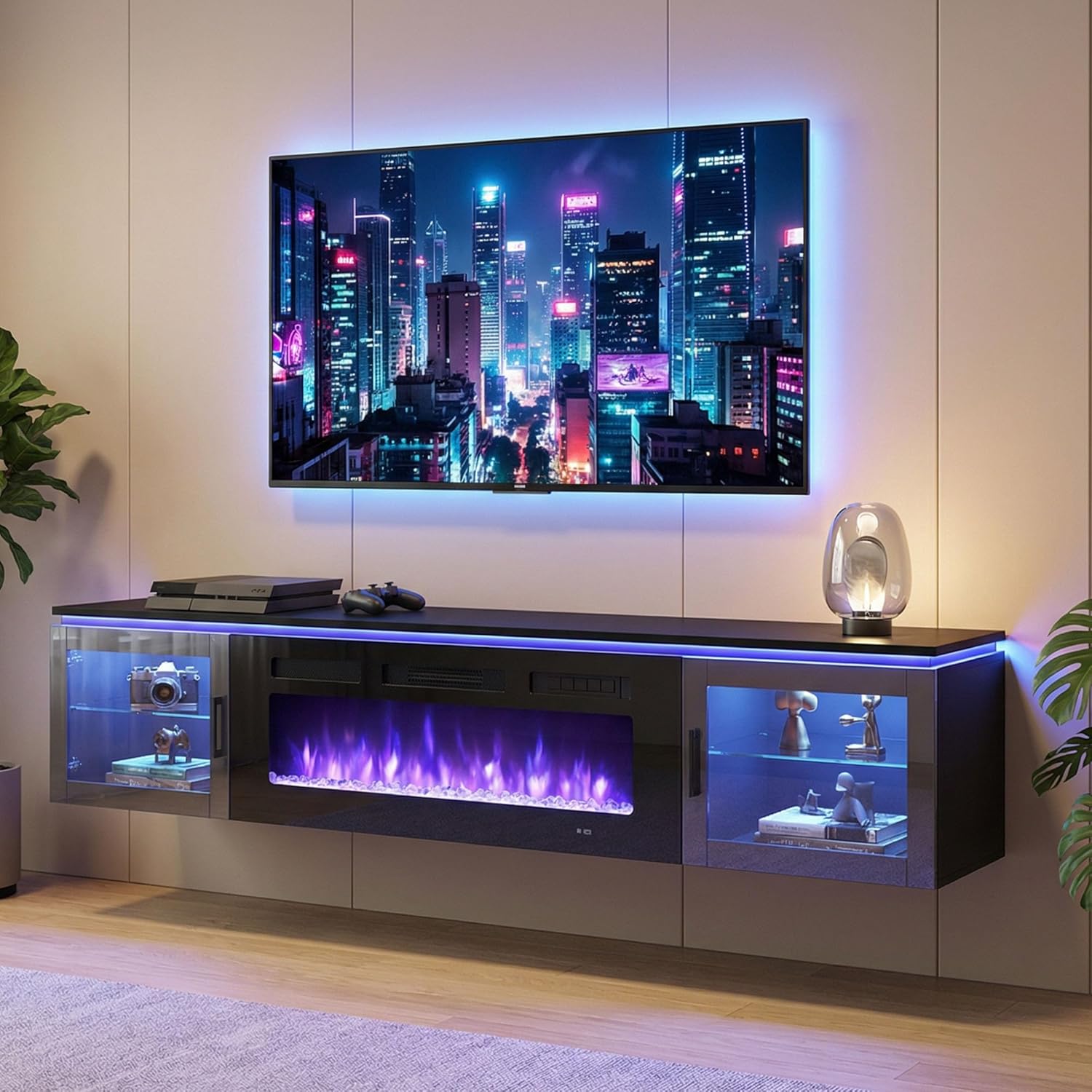 Nordivale 70" Floating TV Stand with 36" Electric Fireplace, Wall Mounted Fireplace Entertainment Center with Storage for TVs Up to 80",Fireplace TV Stand for Living Room，Black&Black