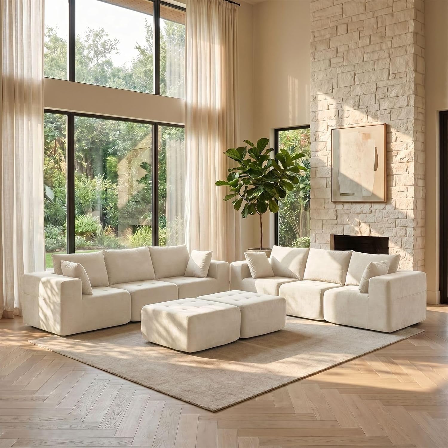 Modular Sectional Boneless Couch, Chenille Tufted Sectional Couches for Living Room, No Assembly L Shape Cloud Sofa with Ottoman & Throw Pillows & Storage Side Pocket