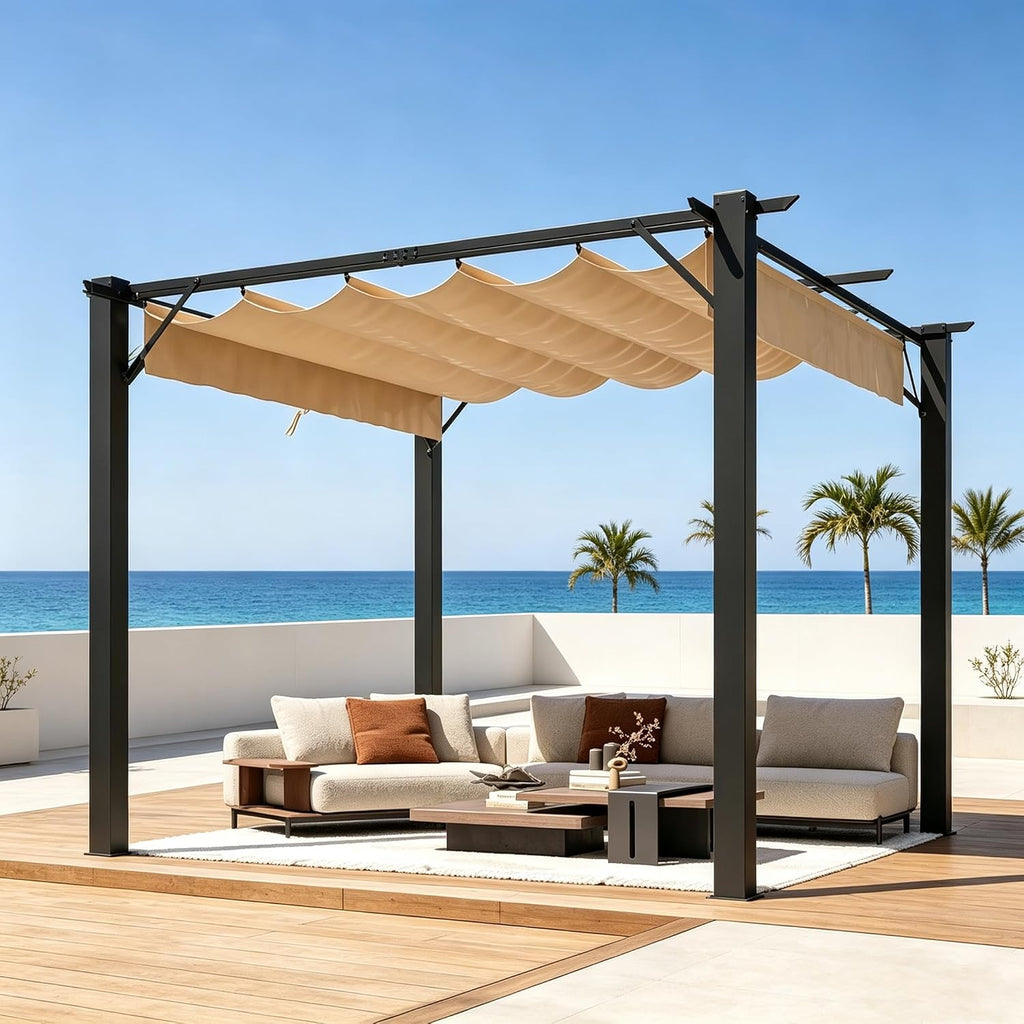 Aoxun 10x12 Outdoor Retractable Pergola with Upgraded Adjustable Canopy Sliding Canopy | Powder-Coated Metal Frame | UV/Water-Resistant PA Canopy | Free-Standing Design | Brown
