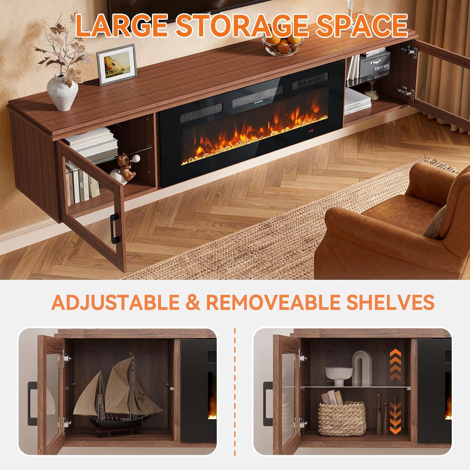 Nordivale 70" Floating TV Stand with 36" Electric Fireplace, Wall Mounted Fireplace Entertainment Center with Storage for TVs Up to 80",WI-FI Enable Fireplace TV Stand for Living Room,Brown&Black