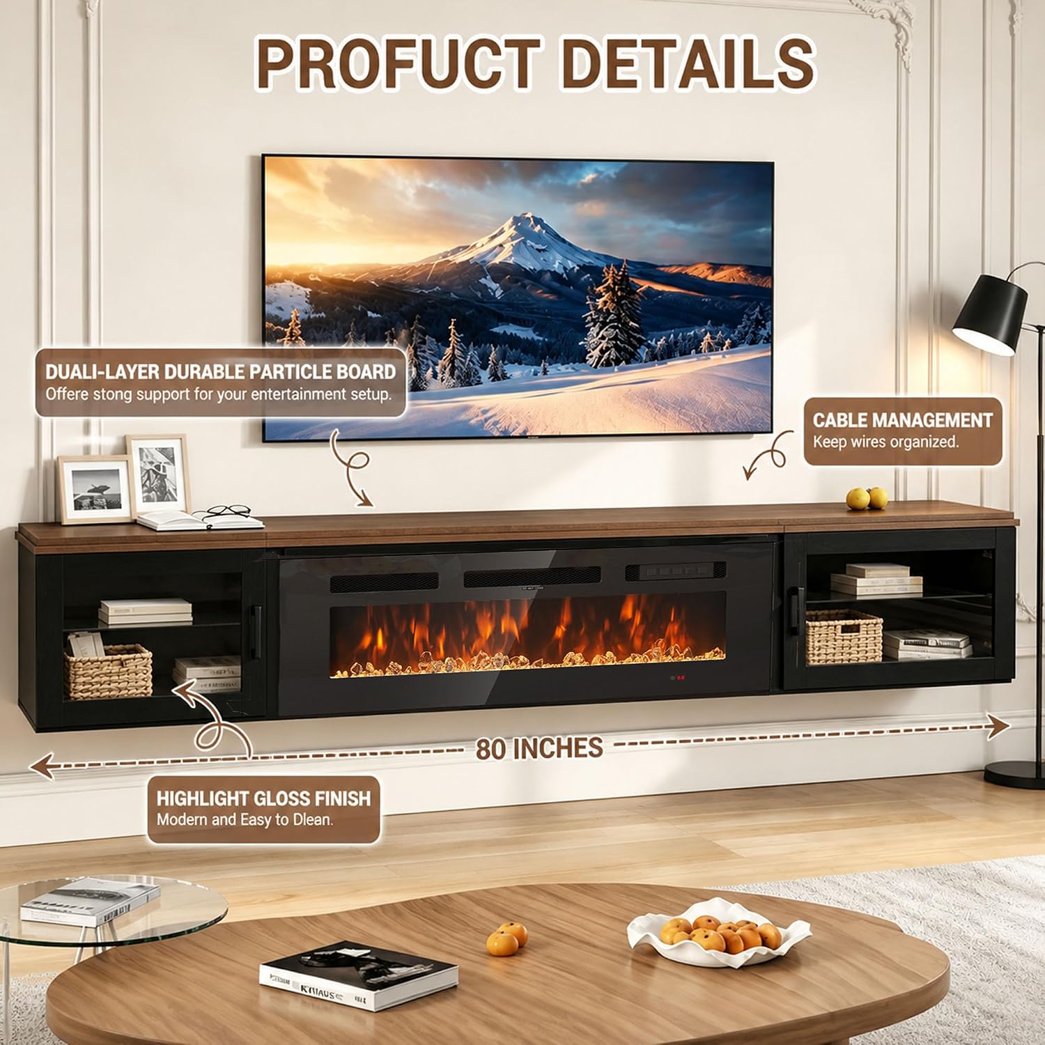 80" Floating TV Stand with 36" Electric Fireplace, Floating Wall Mounted Fireplace Entertainment Center with Storage for TVs Up to 90",Fireplace TV Console for Living Room, WIFI-Enable,Walnut &Black