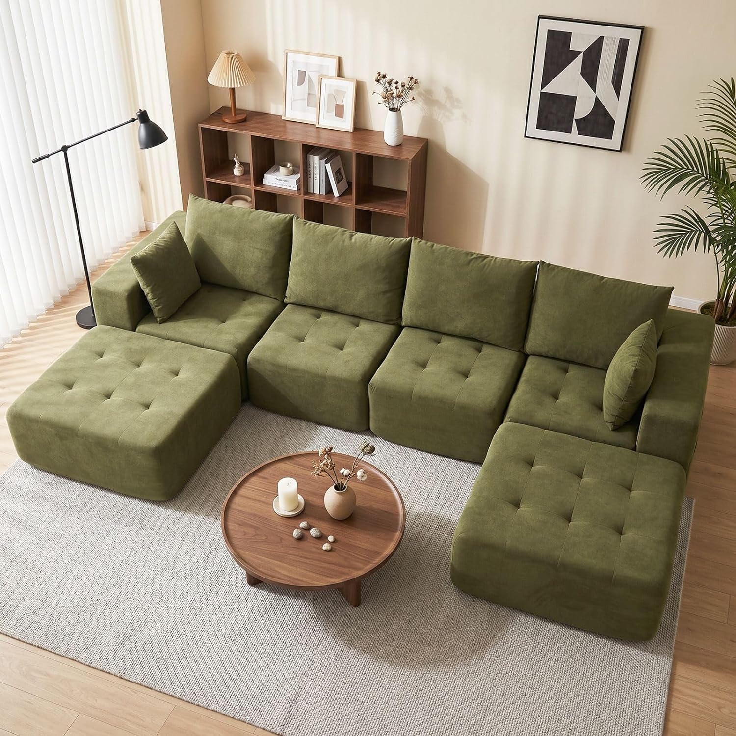Modular Sectional Boneless Couch, Chenille Tufted Sectional Couches for Living Room, No Assembly L Shape Cloud Sofa with Ottoman & Throw Pillows & Storage Side Pocket