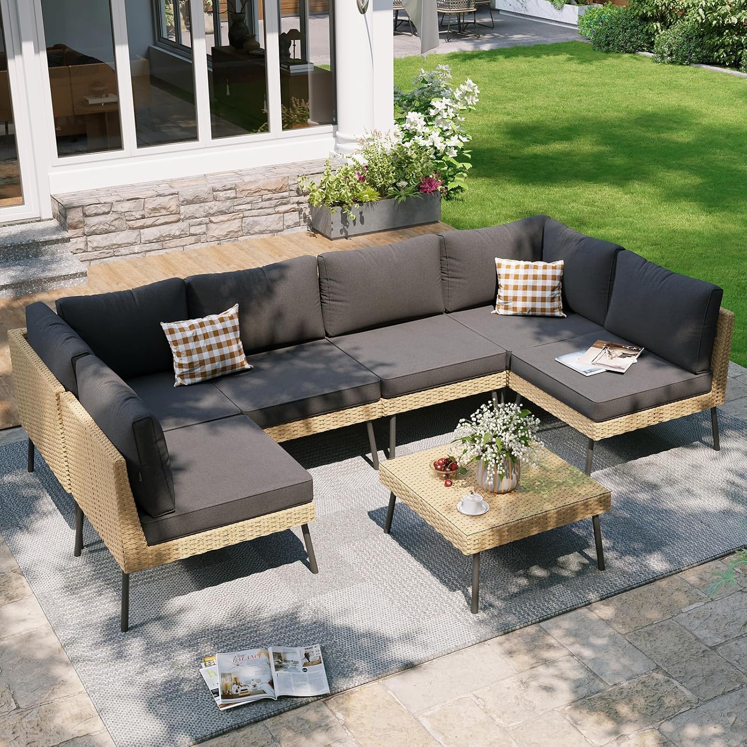 Aoxun 7-Piece Patio Furniture Set, Wicker Outdoor Furniture with Water Resistant Thick Cushions, Patio Conversation Set Outdoor Sectional Sofa with Coffee Table for Backyard Poolside
