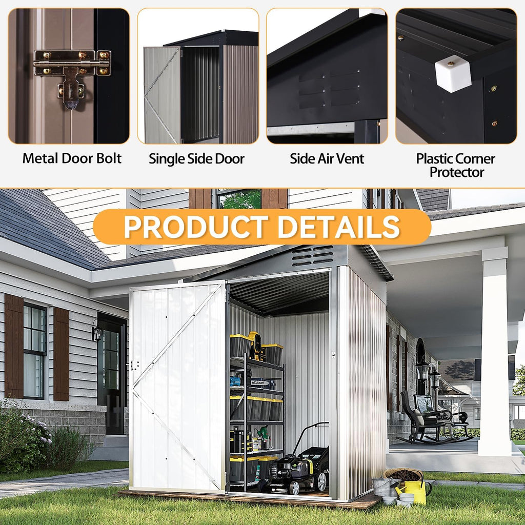 Aoxun 7x5 FT Lean to Shed Garden with Sloped Roof Metal Storage Shed with Lockable Doors & Single Door Outdoor Bike Shed for Backyard, Patio, Poolside (Brown)