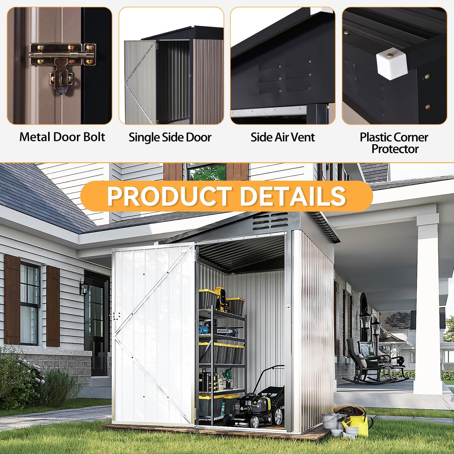 Aoxun 7x5 FT Lean to Shed Garden with Sloped Roof Metal Storage Shed with Lockable Doors & Single Door Outdoor Bike Shed for Backyard, Patio, Poolside (Brown)
