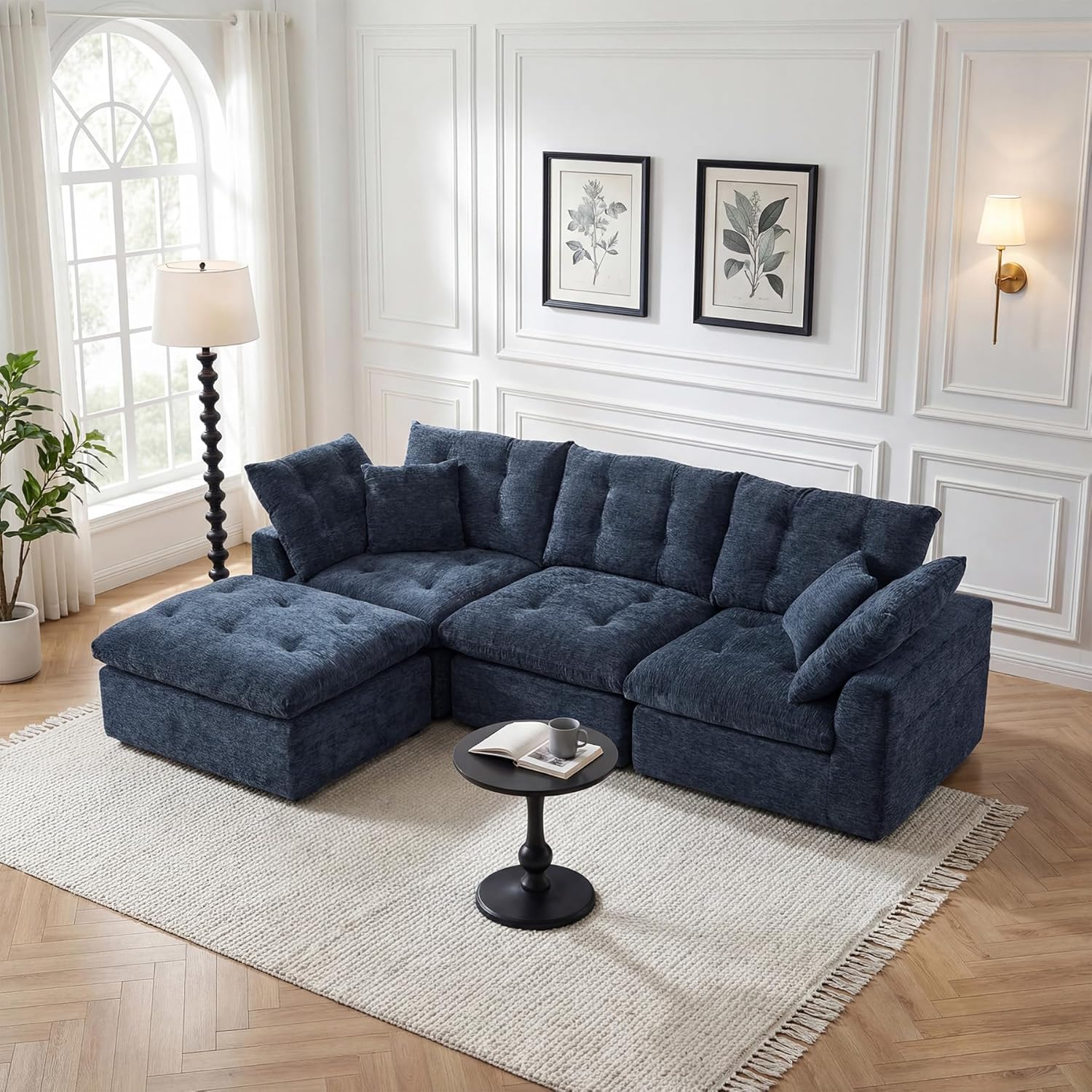 112" Boneless Couch Chenille Cloud Couch Oversized Modular Sectional Sofa with Storage Pockets for Living Room, Bedroom, No Assembly Required, L-Shape with Ottoman+3 Seater (Beige)
