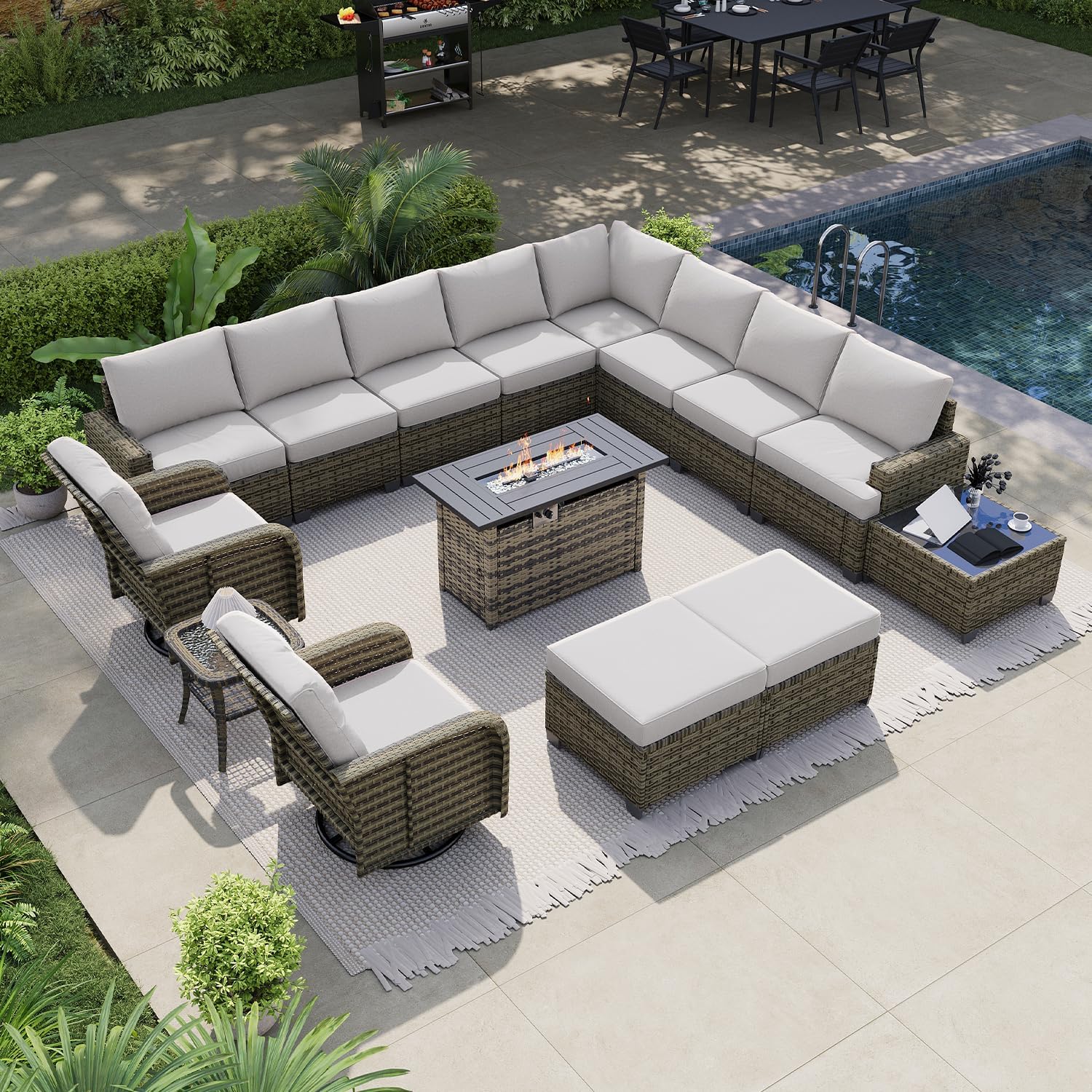 LET'S PATIO Luxury Patio Furniture Set with Fire Pit Table, 13 Piece Outdoor Furniture Set with Swivel Rocker Chairs & Ottomans, All-Weather Patio Sectional Sofas with Thickened Cushions