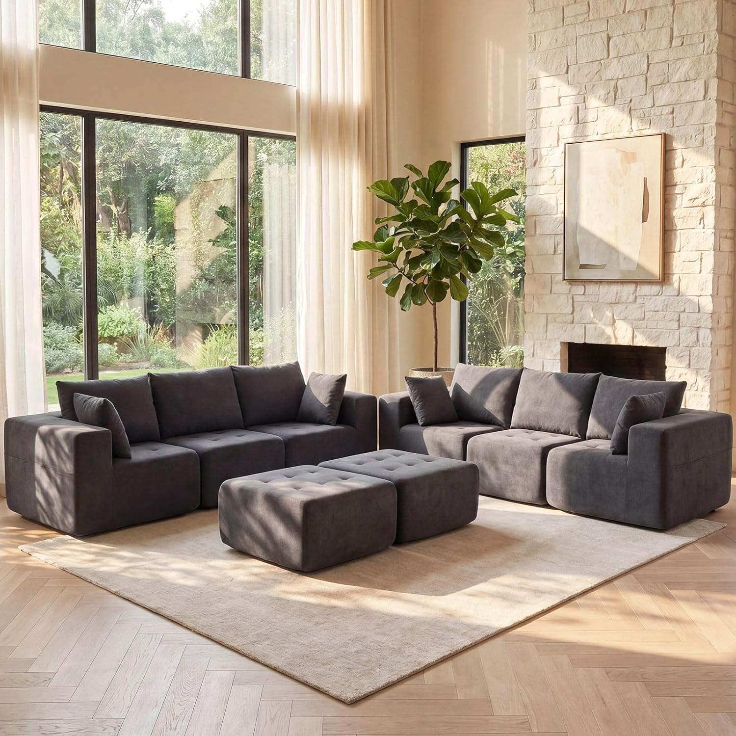 Modular Sectional Boneless Couch, Chenille Tufted Sectional Couches for Living Room, No Assembly L Shape Cloud Sofa with Ottoman & Throw Pillows & Storage Side Pocket