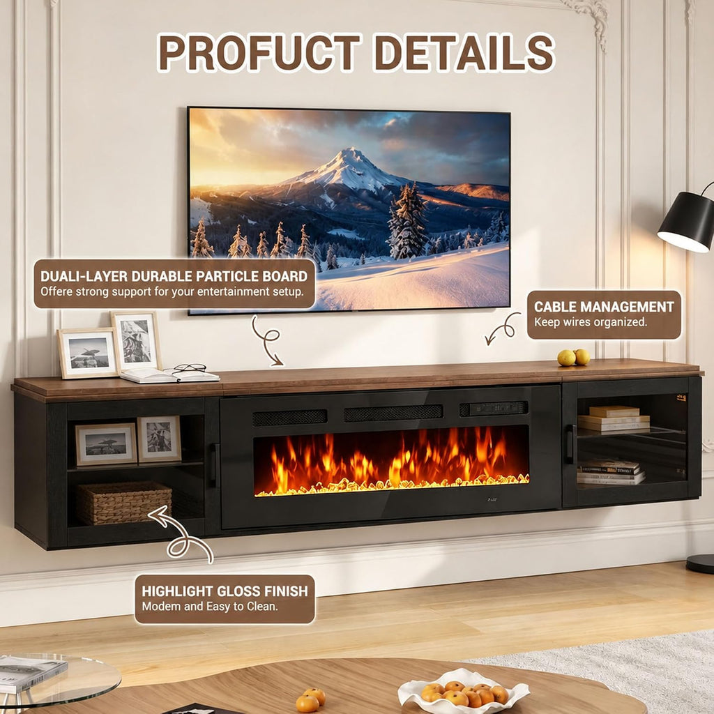 Nordivale 70" Floating TV Stand,Floating Wall Mounted Fireplace Entertainment Center with Storage for TVs Up to 80",Electric Fireplace TV Stand for Living Room,WI-FI Enable,Walnut&Black
