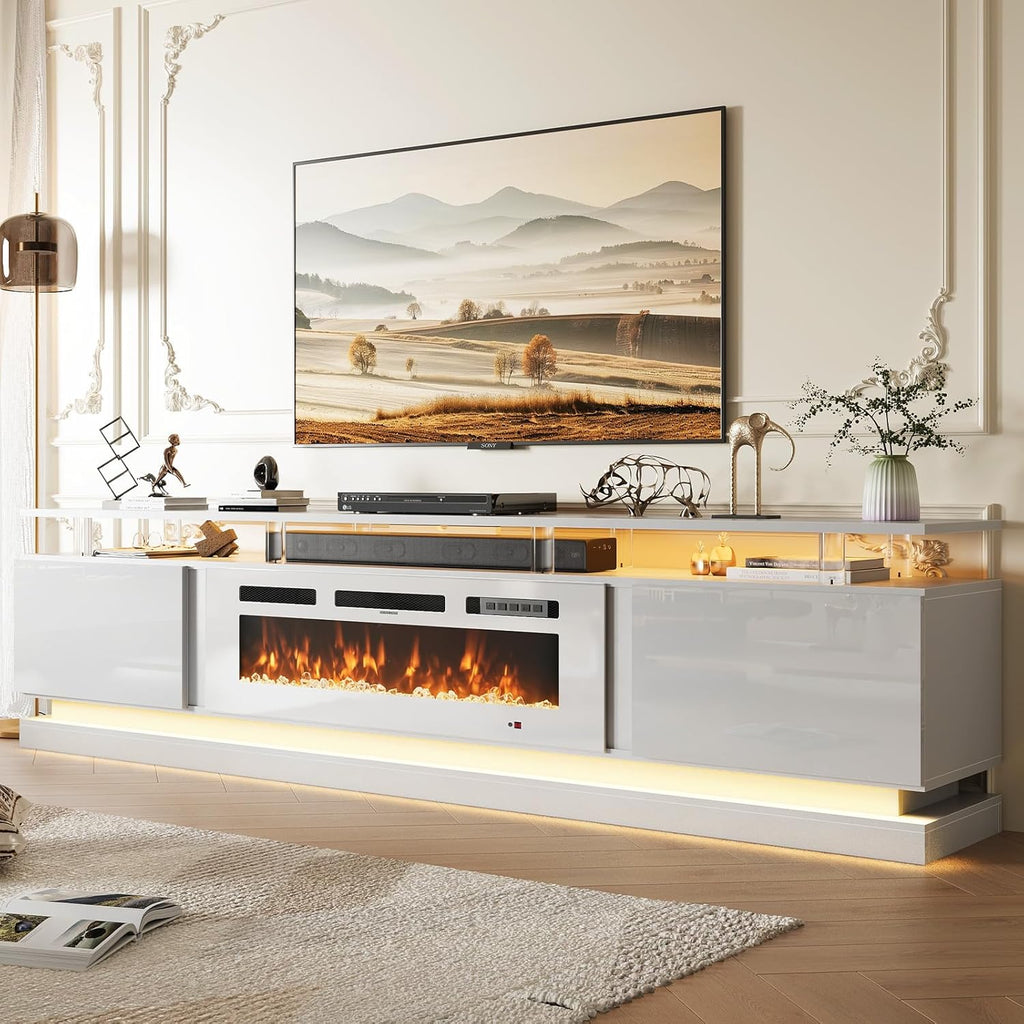Nordivale 80" Fireplace TV Stand, Modern Entertainment Center for TVs Up to 90", TV Console with Storage Cabinets, Media Console for Living Room, White TV Stand and Black Fireplace