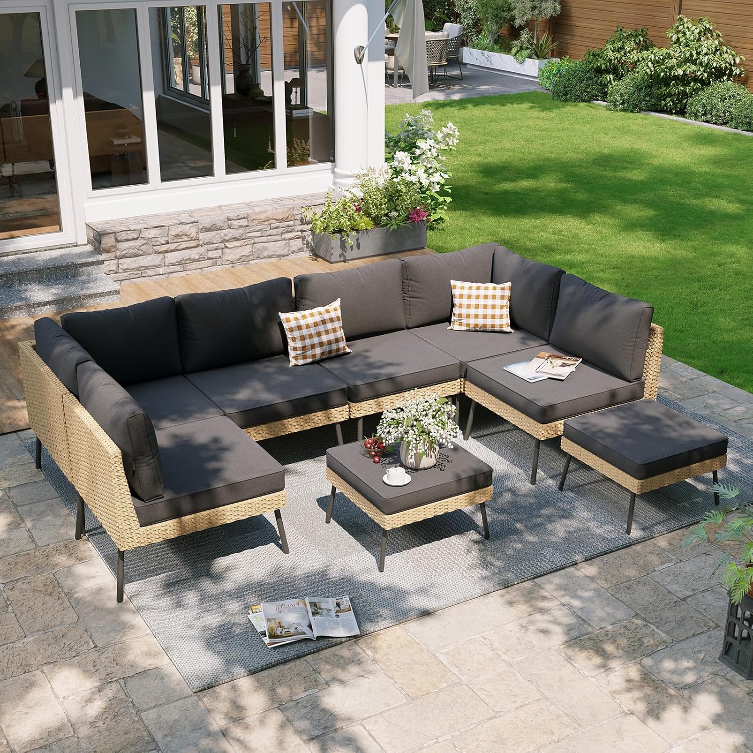 Aoxun 7-Piece Patio Furniture Set, Wicker Outdoor Furniture with Water Resistant Thick Cushions, Patio Conversation Set Outdoor Sectional Sofa with Coffee Table for Backyard Poolside
