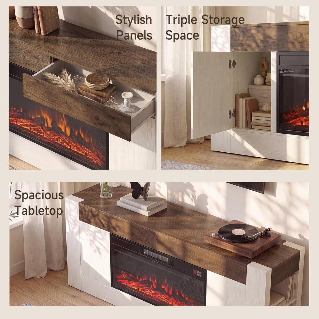 Modern 70 inch TV Stand with Electric Fireplace and Storage, White | Fireplace Entertainment Center for TVs Up to 80", Media Console with Side Storage, Thick Wood Design for Living Room