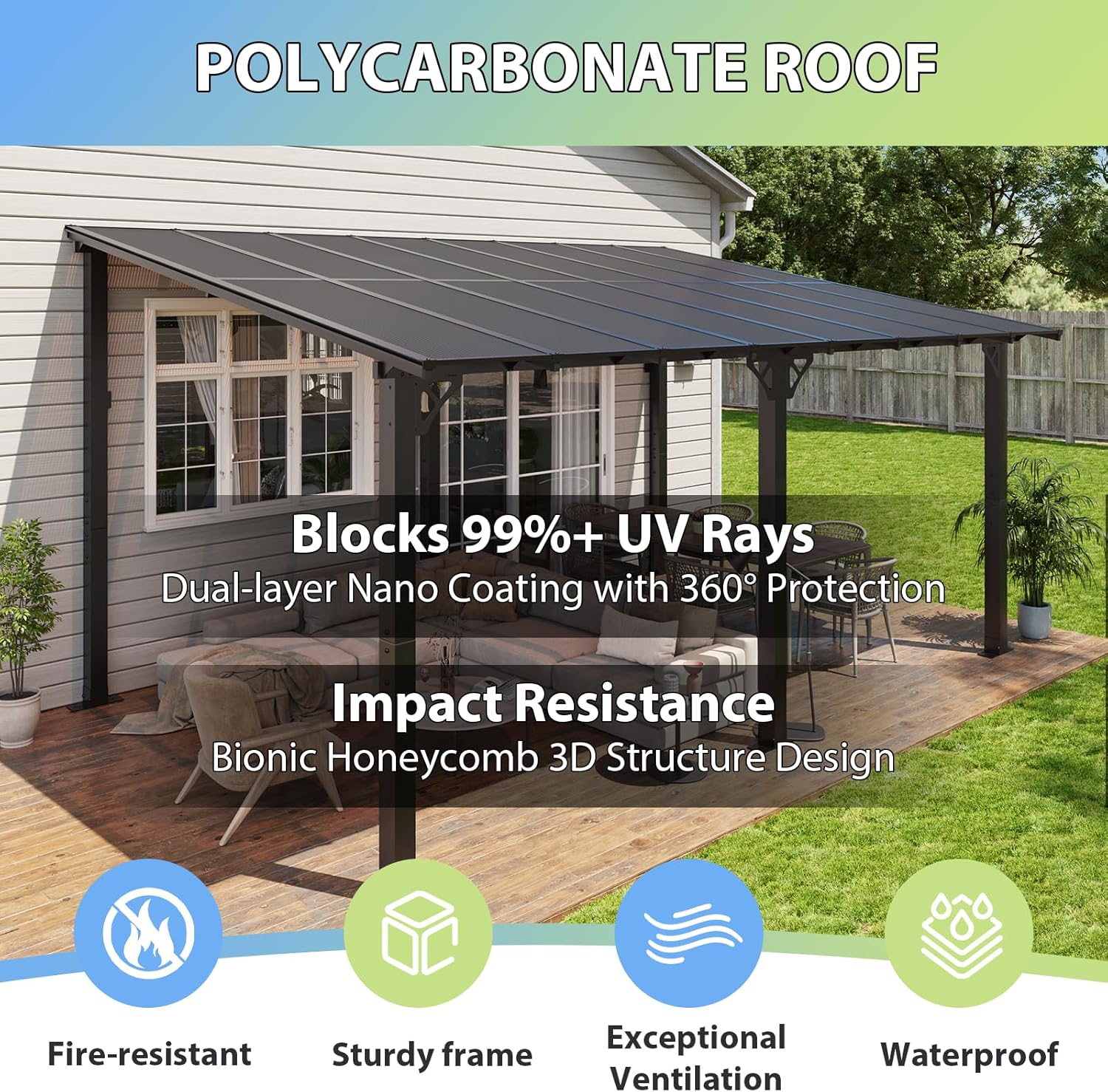 Aoxun 16'x 10' Premium Gazebo with Aluminum Top Frame & Polycarbonate Panel, Wall Mounted Gazebos Pergola, Outdoor Patio Lean to Gazebo, Awnings with Sloped Roof, for Backyard, Porch, Deck