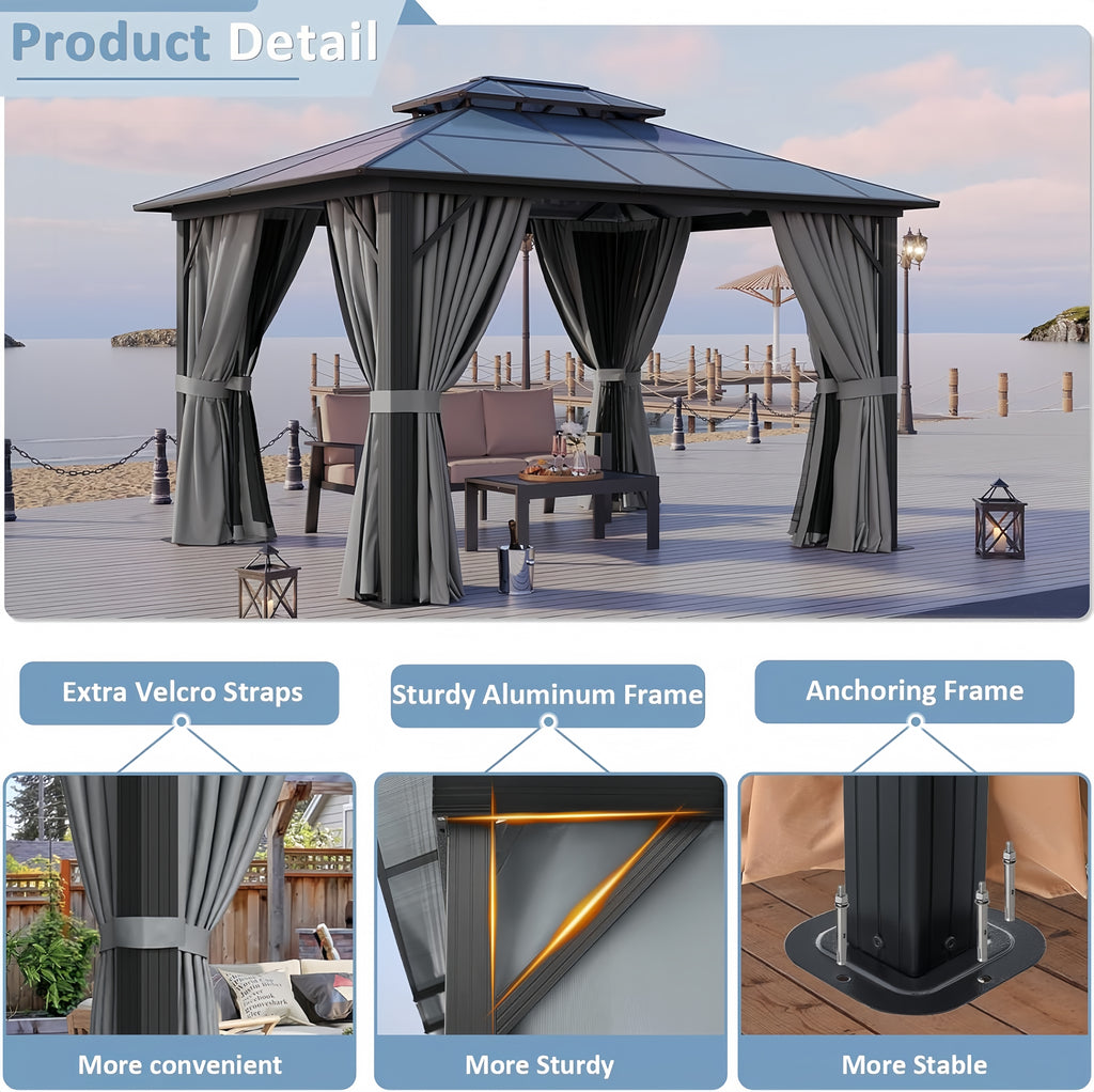 Breezestival 10'x12' Hardtop Gazebo Outdoor Permanent Gazebo with Double Polycarbonate Roof Canopy, Aluminum Frame Permanent Pavilion with Curtains and Netting for Patio,Garden,Lawns