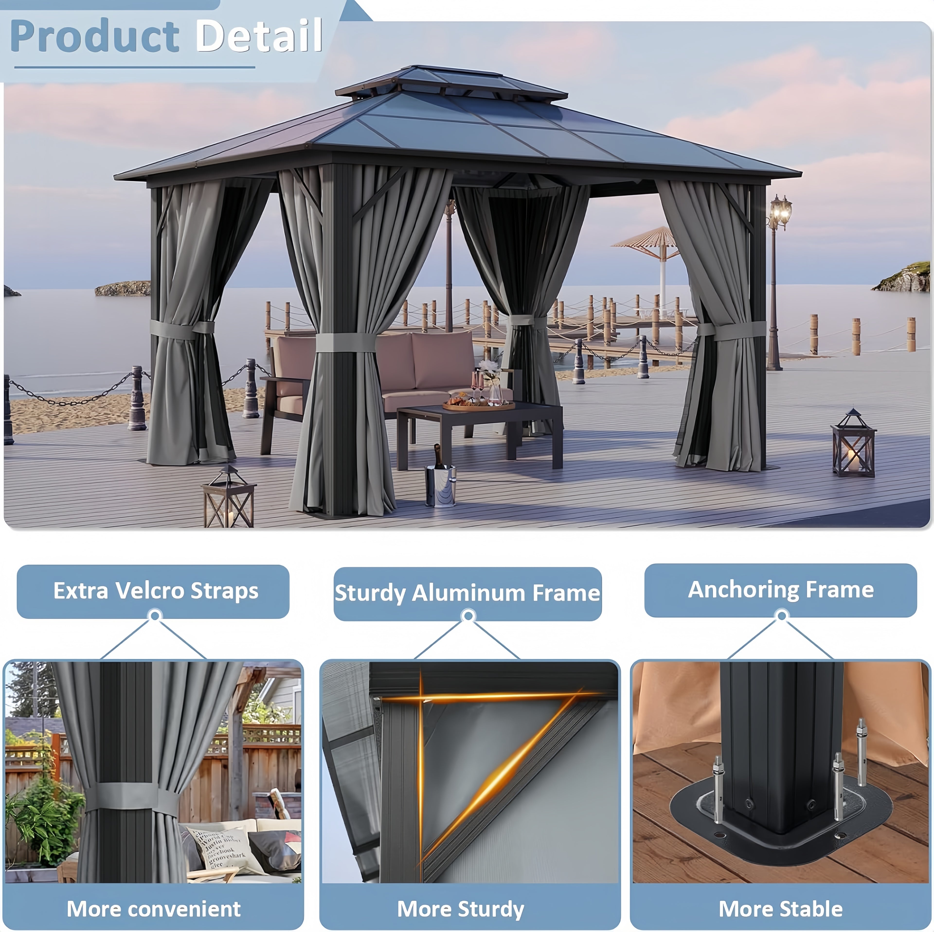 Breezestival 10'x12' Hardtop Gazebo Outdoor Permanent Gazebo with Double Polycarbonate Roof Canopy, Aluminum Frame Permanent Pavilion with Curtains and Netting for Patio,Garden,Lawns