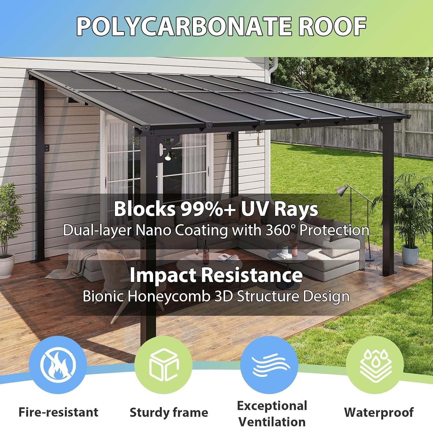 Aoxun 12'x 10' Premium Gazebo with Aluminum Top Frame & Polycarbonate Panel, Wall Mounted Gazebos Pergola, Outdoor Patio Lean to Gazebo, Awnings with Sloped Roof, for Backyard, Porch, Deck, Black
