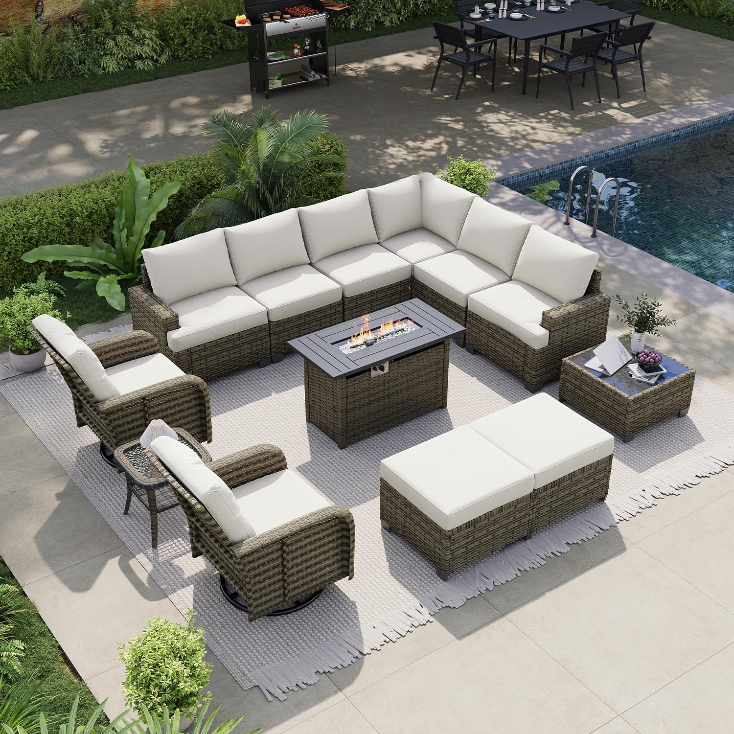 LET'S PATIO Luxury Patio Furniture Set with Fire Pit Table, 13 Piece Outdoor Furniture Set with Swivel Rocker Chairs & Ottomans, All-Weather Patio Sectional Sofas with Thickened Cushions
