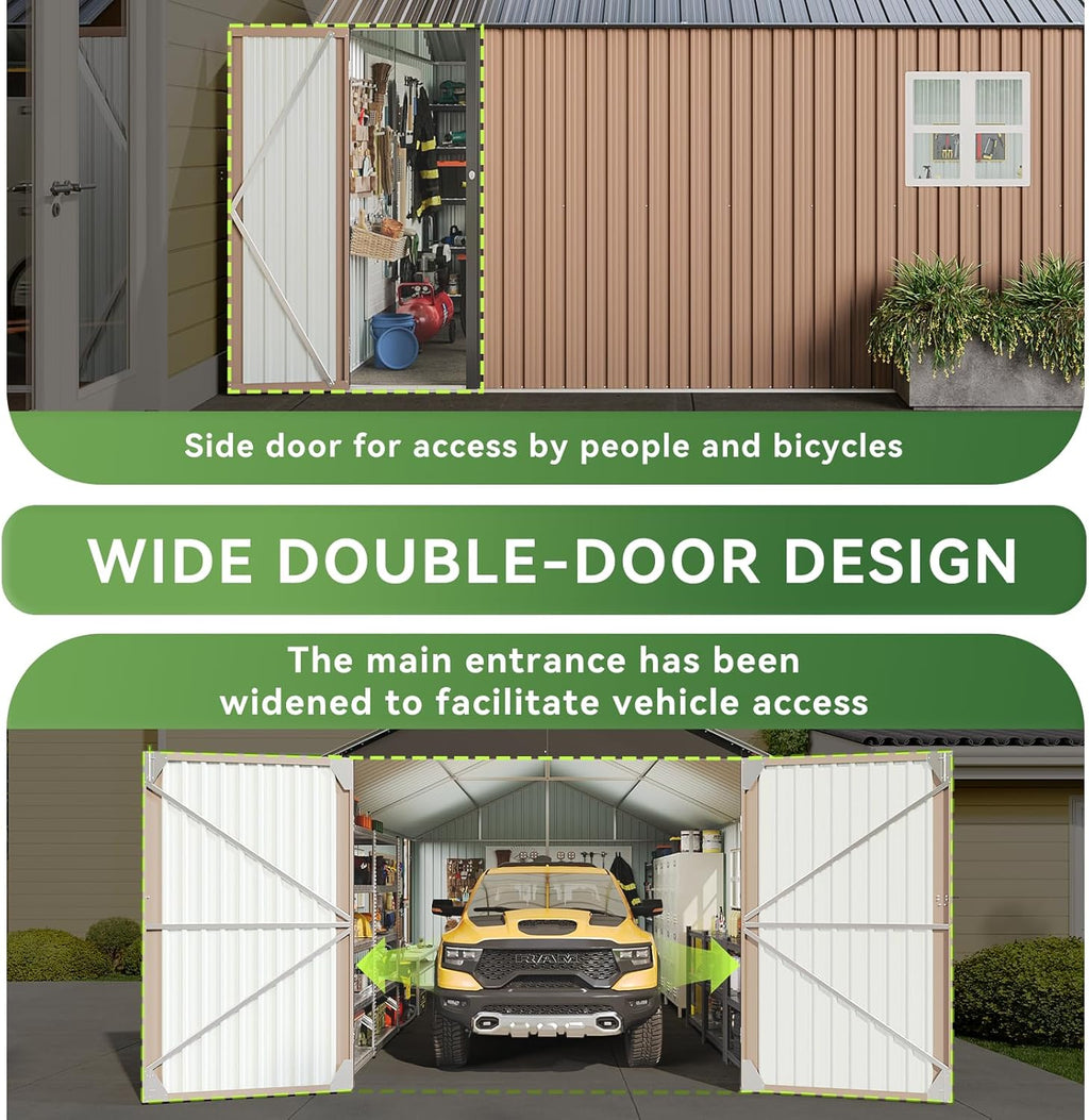Aoxun 12'x20' Carport Shed Outdoor Metal Storage Sheds with Lockable Door & Sloping Roof- Ideal for Tools, Garden Equipment & Bikes, Perfect for Patio Placement(Brown)