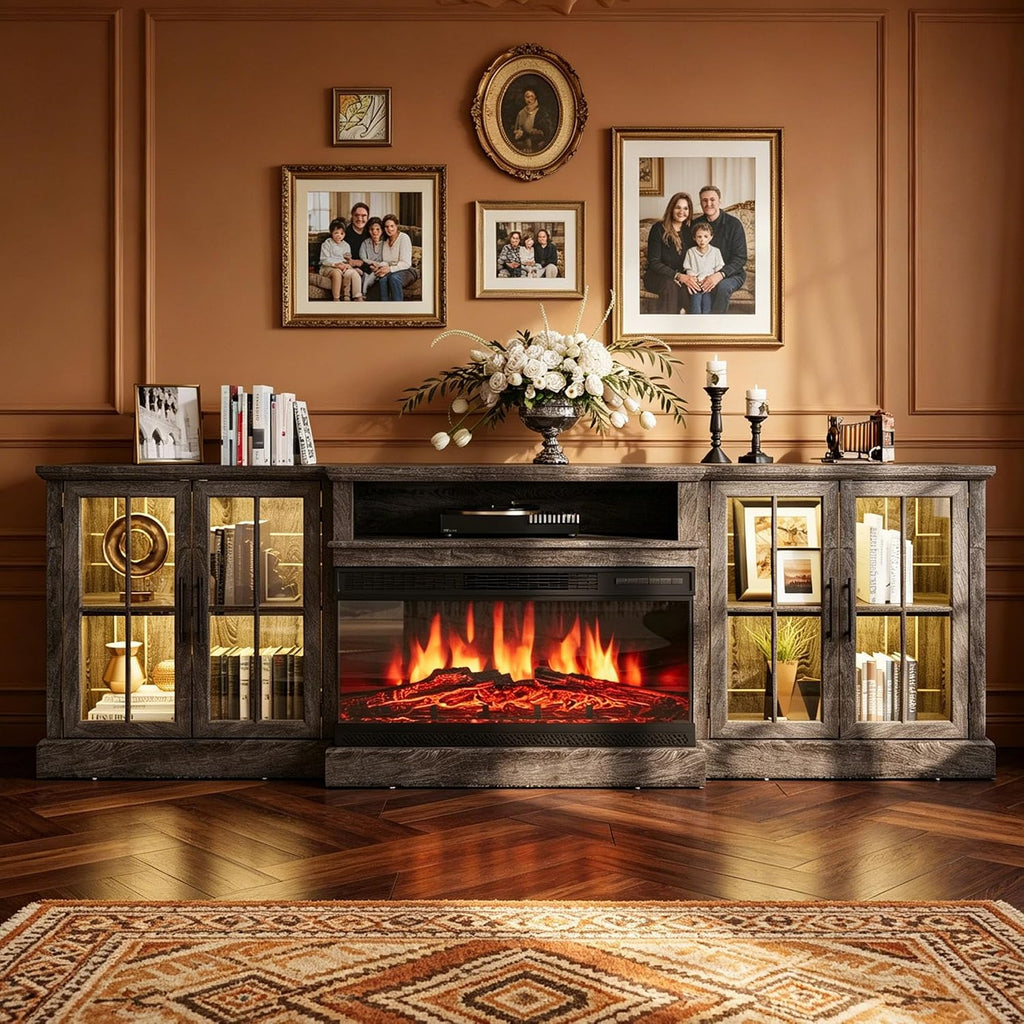 Nordivale 98" Farmhouse Fireplace TV Stand,TV Console with 36" Fireplace for TVs up to 100", Entertainment Center with Adjustable Shelves and Large Storage Cabinets, for Living Room, Gray & Black