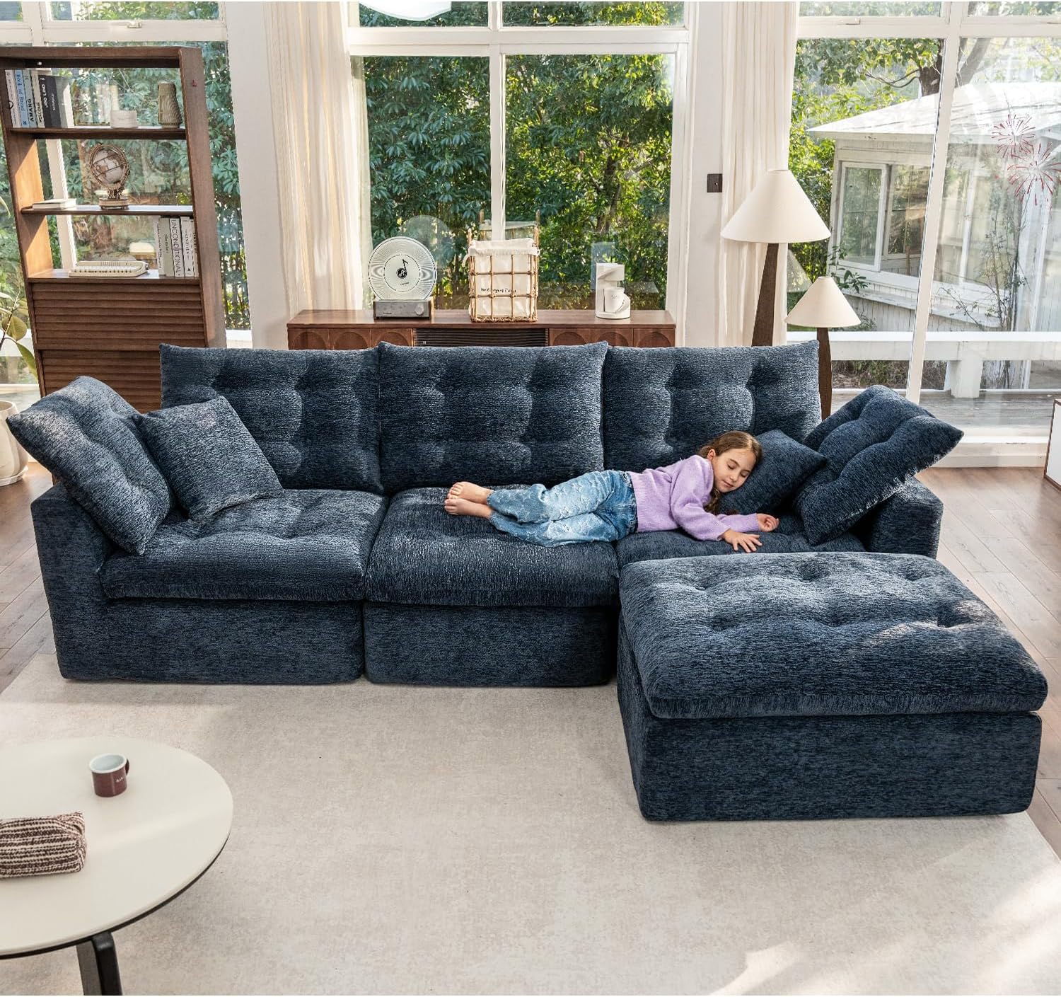 110" Cloud Sectional Couches L-Shaped Modular Boneless Chenille Sofa Couches with Deep Seat Ottoman and Side Pockets, Module Combination for Living Room 3 Seater