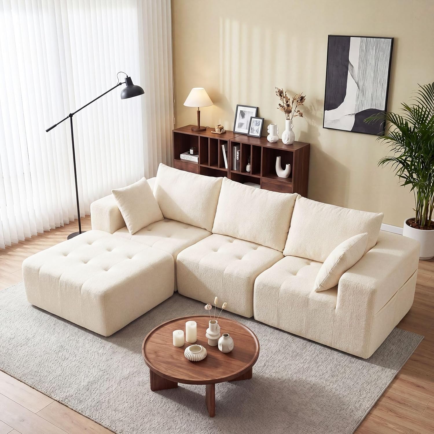 Modular Sectional Boneless Couch, Chenille Tufted Sectional Couches for Living Room, No Assembly L Shape Cloud Sofa with Ottoman & Throw Pillows & Storage Side Pocket
