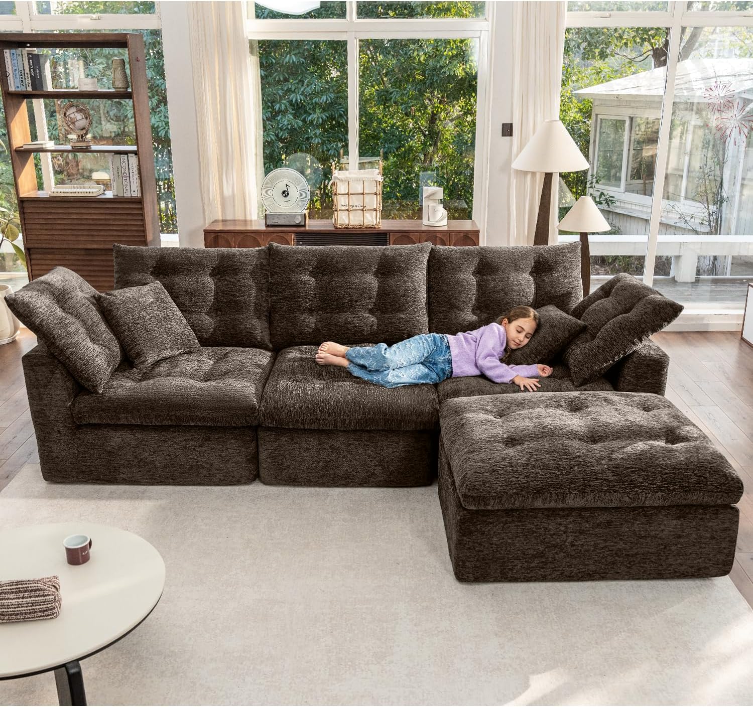 110" Cloud Sectional Couches L-Shaped Modular Boneless Chenille Sofa Couches with Deep Seat Ottoman and Side Pockets, Module Combination for Living Room 3 Seater
