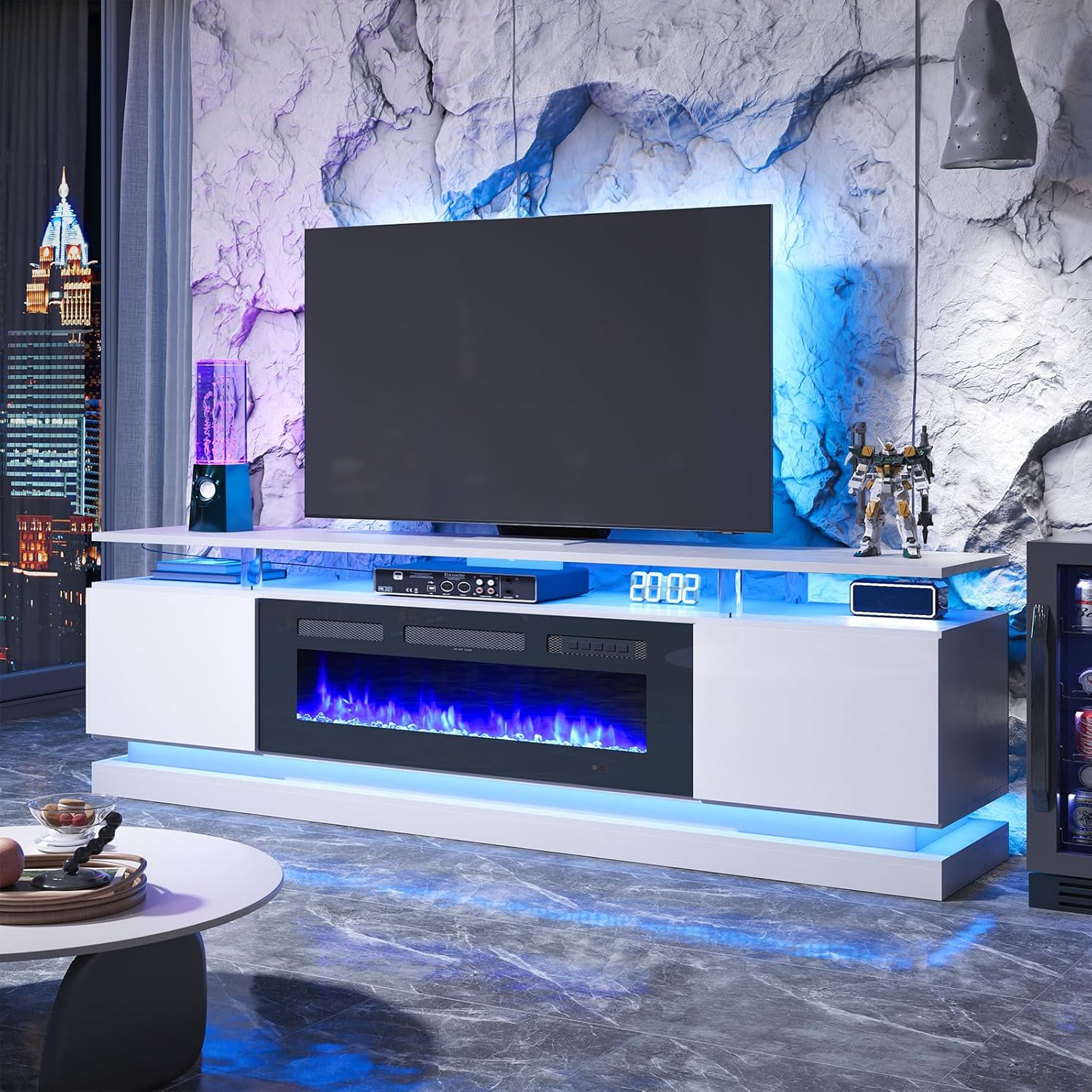 Breezestival 70" Fireplace TV Stand for TVs up to 80", Modern Entertainment Center with Black Fireplace and Storage, White
