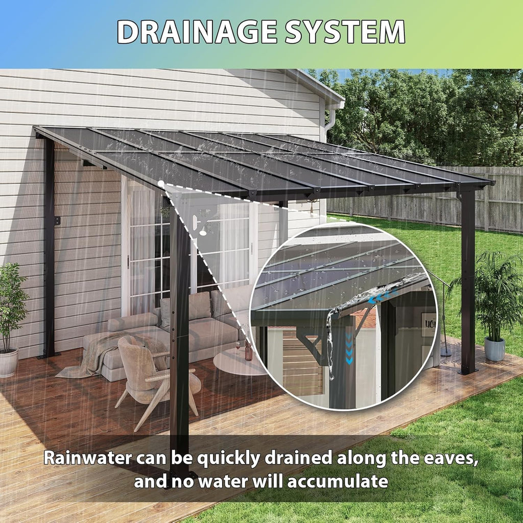Aoxun 12'x 10' Premium Gazebo with Aluminum Top Frame & Polycarbonate Panel, Wall Mounted Gazebos Pergola, Outdoor Patio Lean to Gazebo, Awnings with Sloped Roof, for Backyard, Porch, Deck, Black