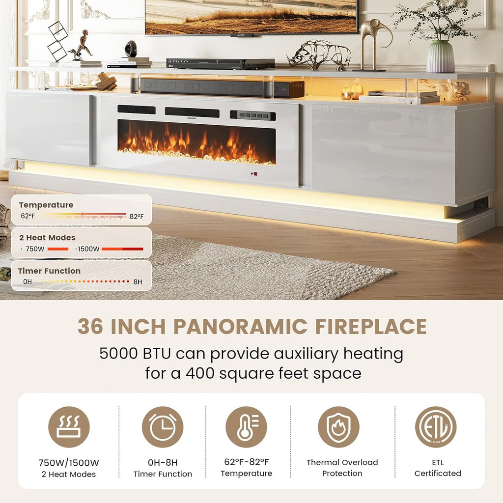 Nordivale 80" Fireplace TV Stand, Modern Entertainment Center for TVs Up to 90", TV Console with Storage Cabinets, Media Console for Living Room, White TV Stand and Black Fireplace