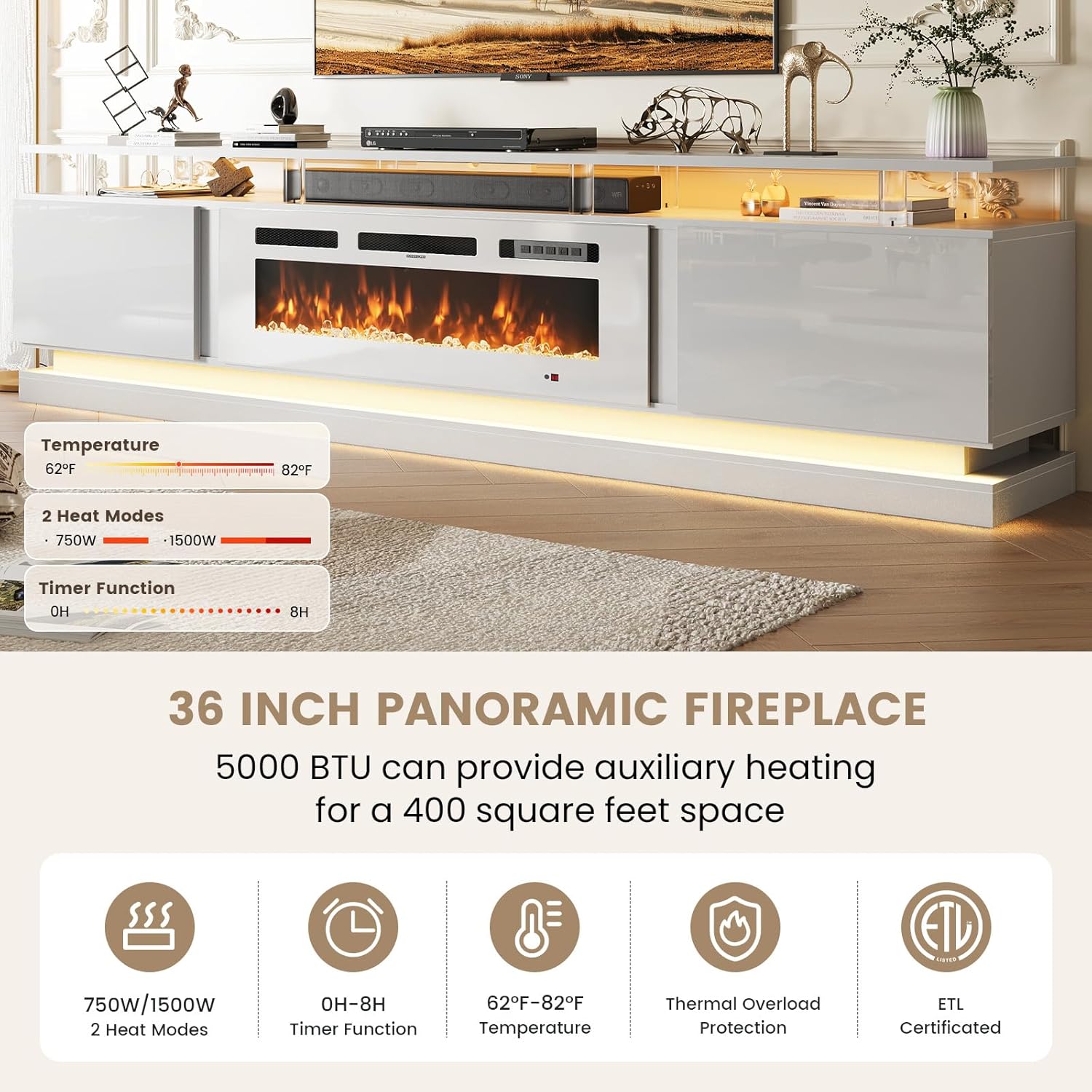 Nordivale 80" Fireplace TV Stand, Modern Entertainment Center for TVs Up to 90", TV Console with Storage Cabinets, Media Console for Living Room, White TV Stand and Black Fireplace