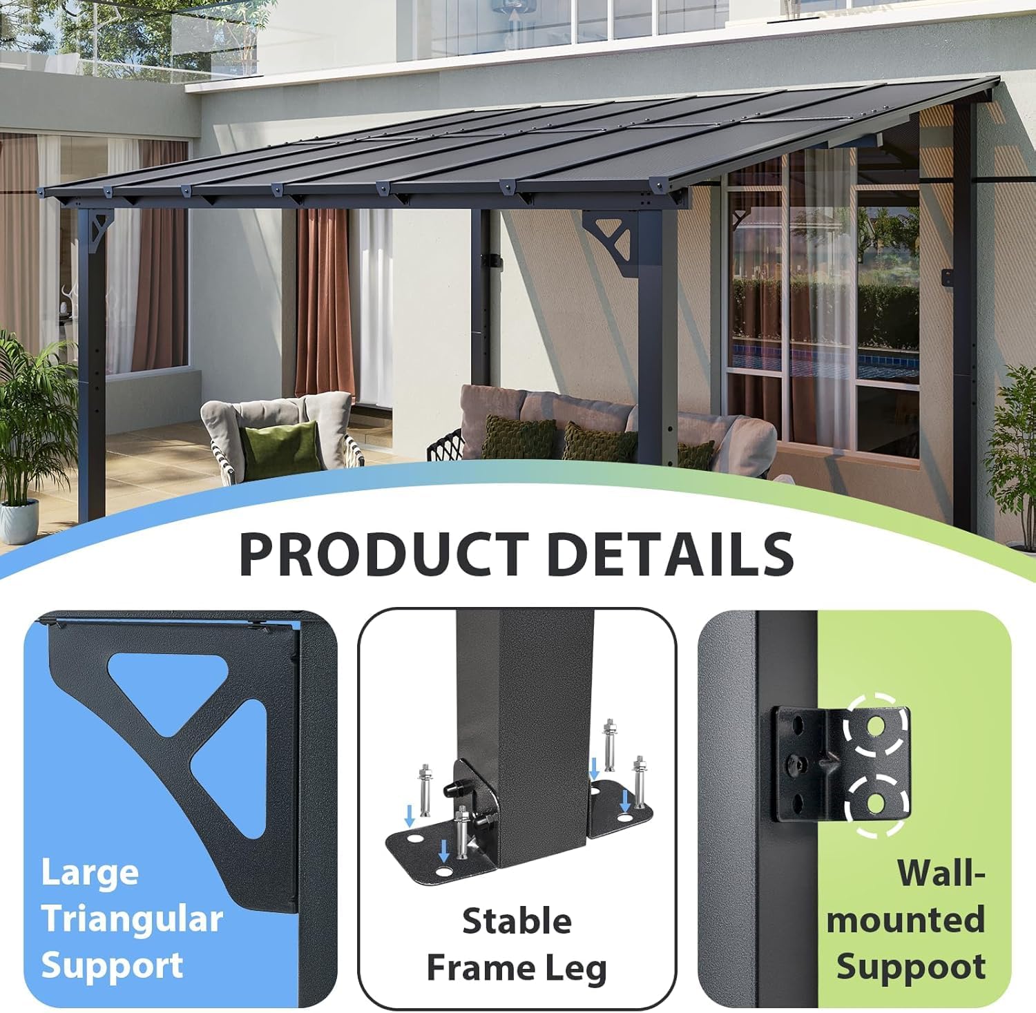 Aoxun 12'x 10' Premium Gazebo with Aluminum Top Frame & Polycarbonate Panel, Wall Mounted Gazebos Pergola, Outdoor Patio Lean to Gazebo, Awnings with Sloped Roof, for Backyard, Porch, Deck, Black