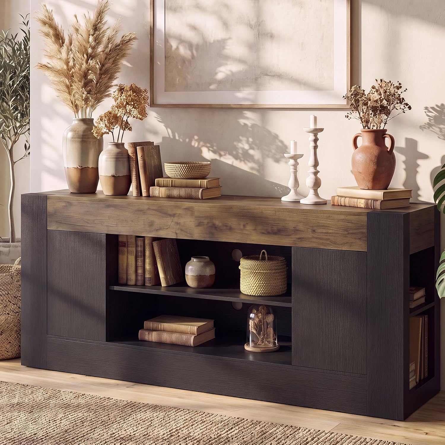 70 inch TV Stand for TVs Up to 80 Inches with Storage, White | Modern Entertainment Center and Media Console with Open Shelves, 2 Side Cabinets and Thick-Frame Design for Living Rooms