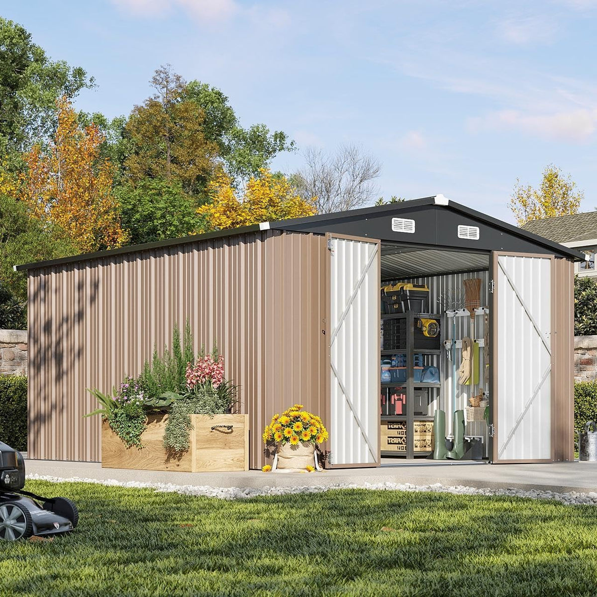 Aoxun 12 x 10FT Outdoor Storage Shed with Double Hinged Large Door, Brown