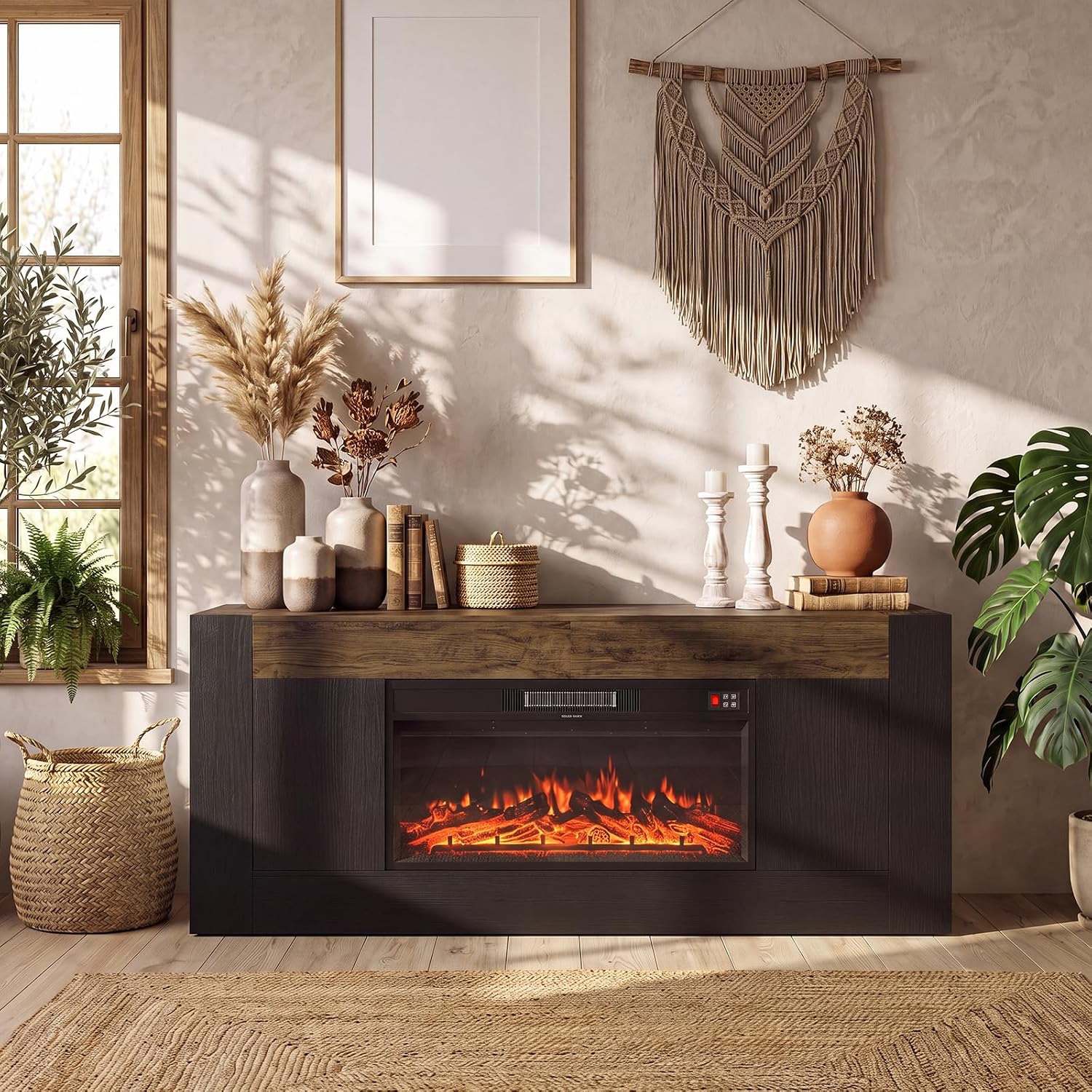 Modern 70 inch TV Stand with Electric Fireplace and Storage, Black | Fireplace Entertainment Center for TVs Up to 80", Media Console with Side Storage, Thick Wood Design for Living Room
